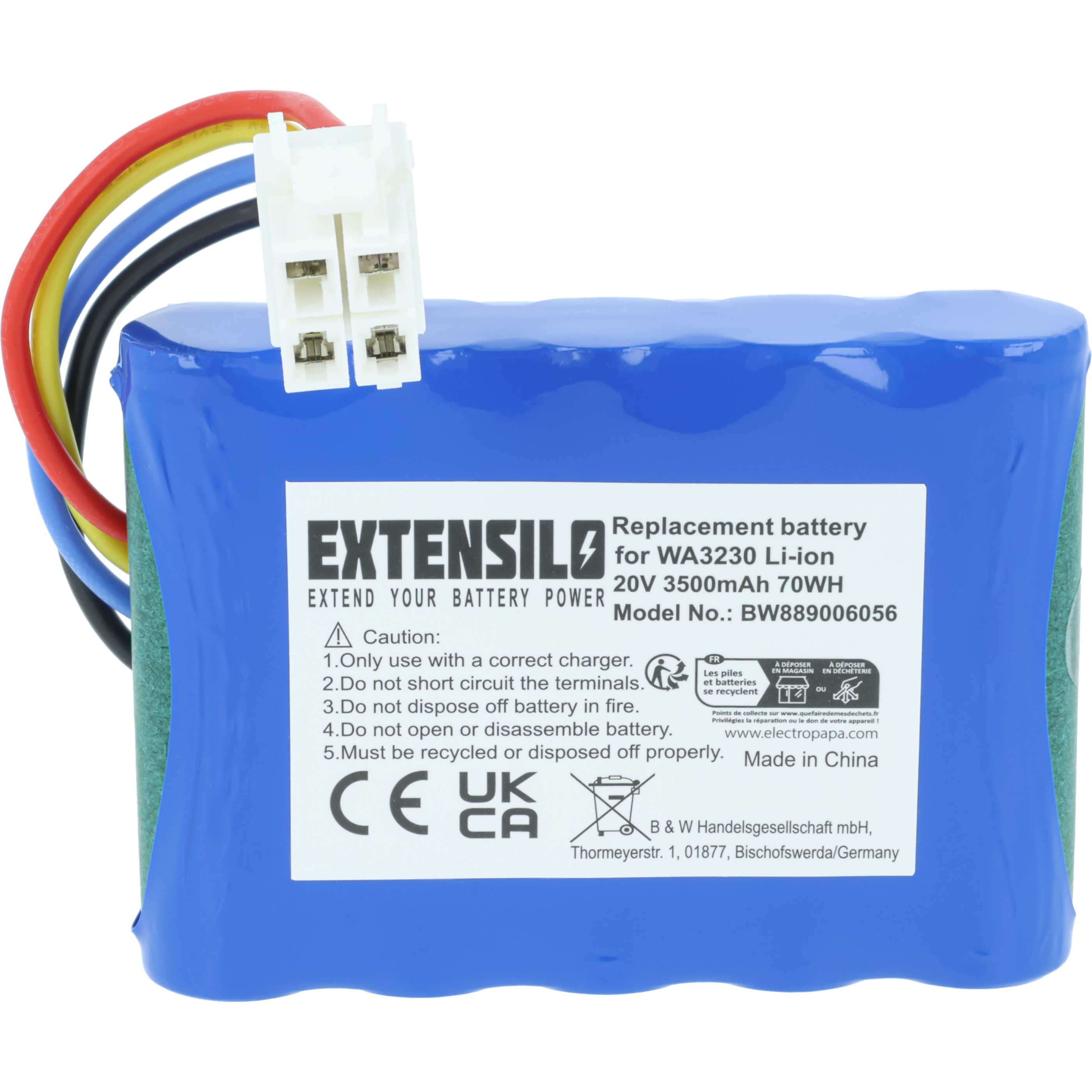 Ein blauer Akku mit weißem Stecker und farbigen Drähten. Text: 'EXTENSILO' und Sicherheitshinweise. Hergestellt in China.