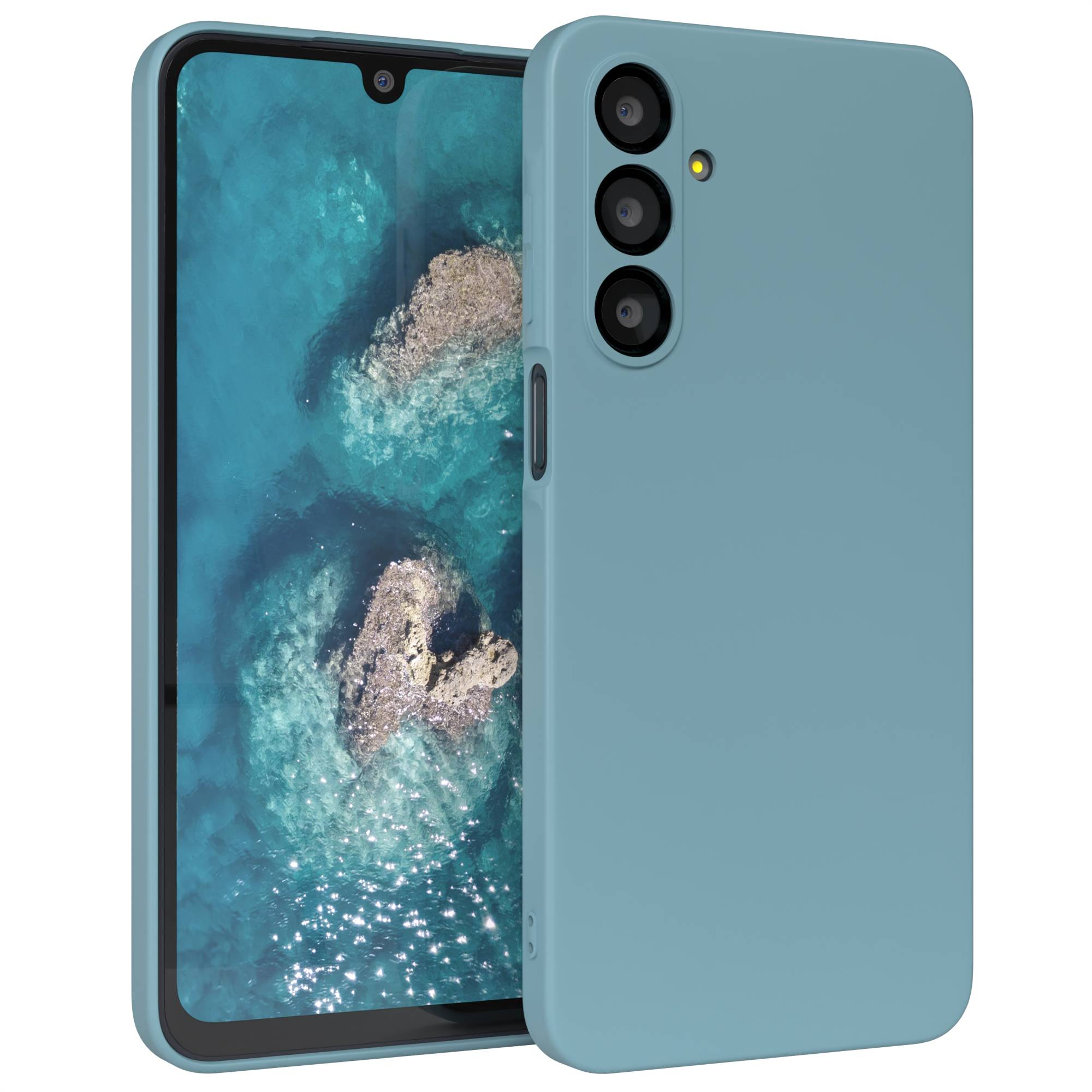 Ein blaues Telefon in einem blauen Gehäuse wird angezeigt. Der Bildschirm zeigt ein Gewässer mit Felsen.
