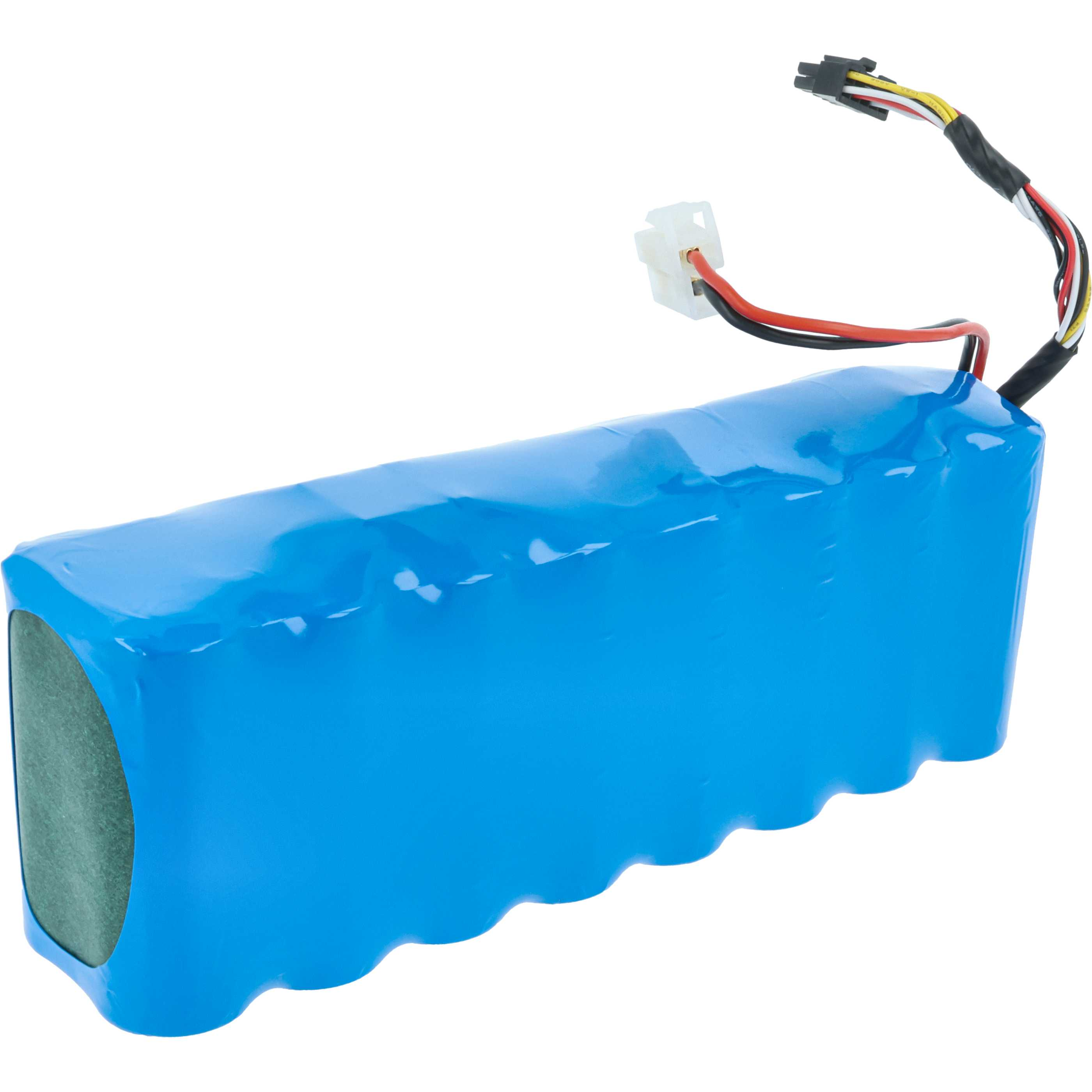 Ein blaues, rechteckiges Akkupack mit Kabeln und einem Stecker. Das Pack ist in blaue Folie gewickelt. Drähte ragen oben heraus.
