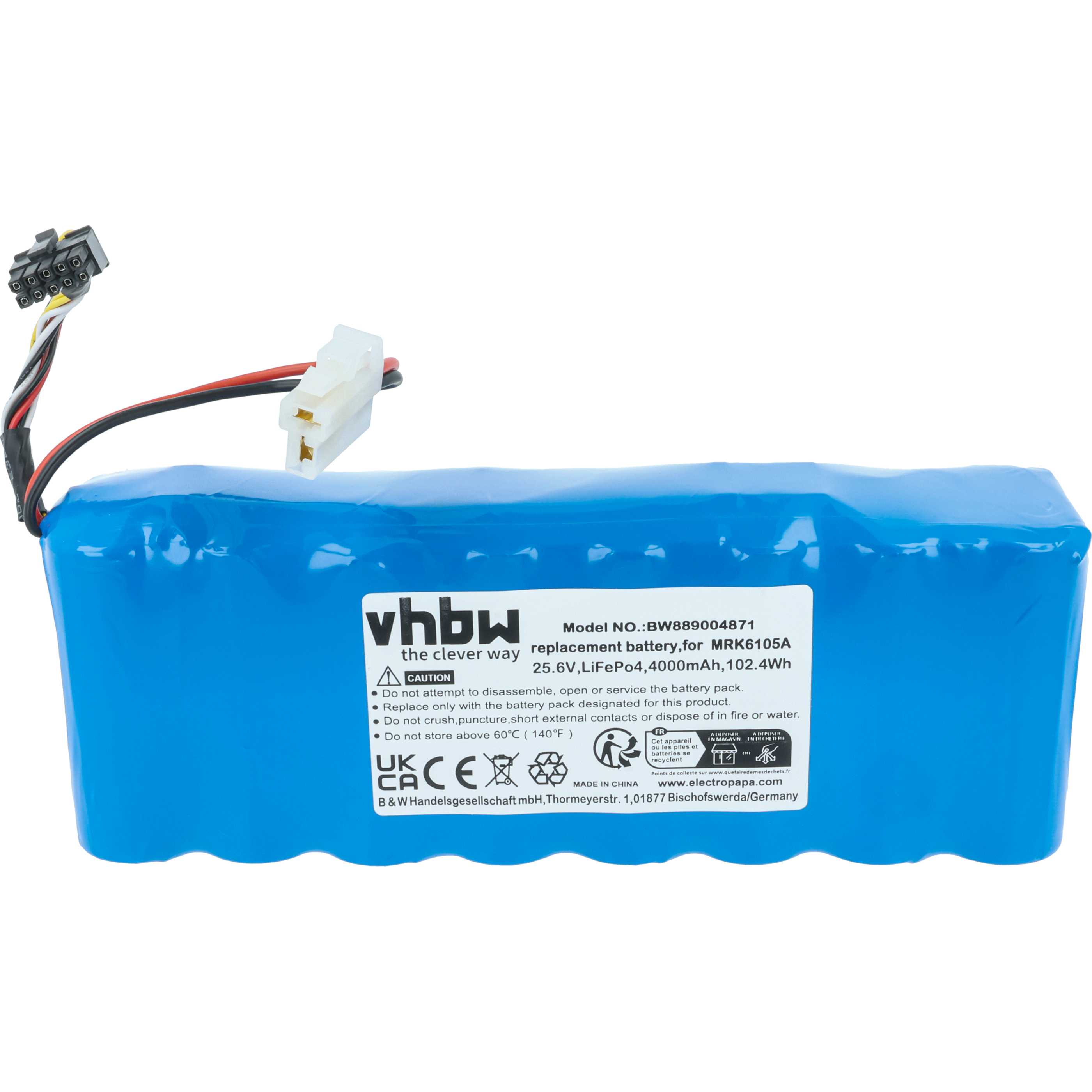 Blaue Batterie mit Anschlüssen und Warnhinweisen, weißer Hintergrund. Etikett zeigt Modell, Spannung und Sicherheitshinweise.
