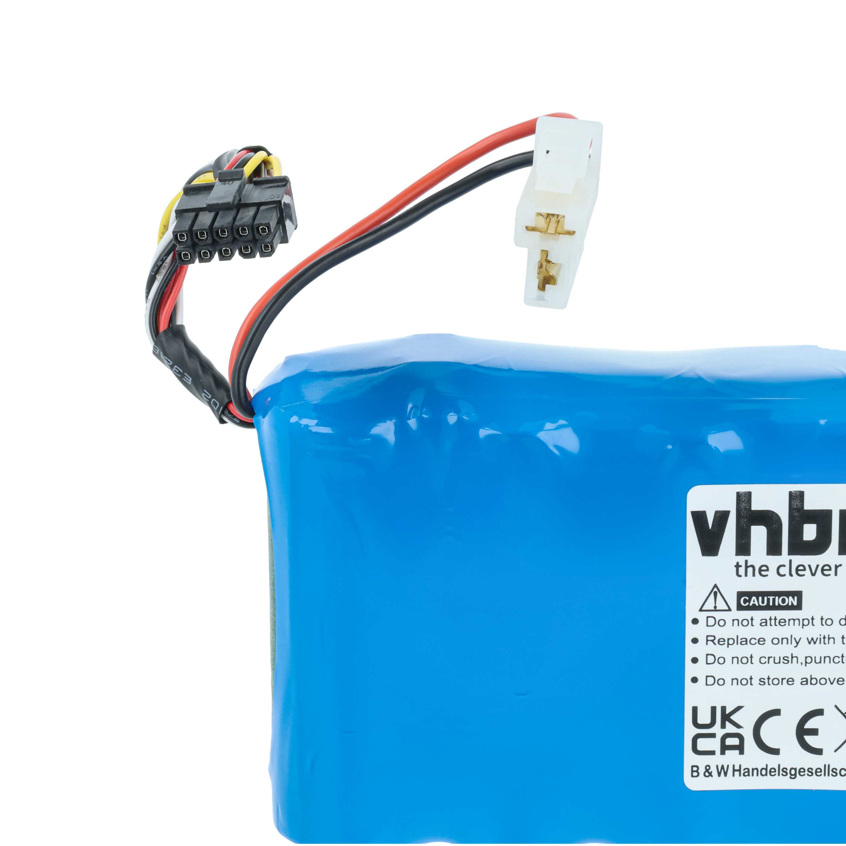Ein blauer Akku mit Drähten und Anschlüssen. Er hat ein weißes Etikett mit Warnhinweisen und dem vhb-Logo.