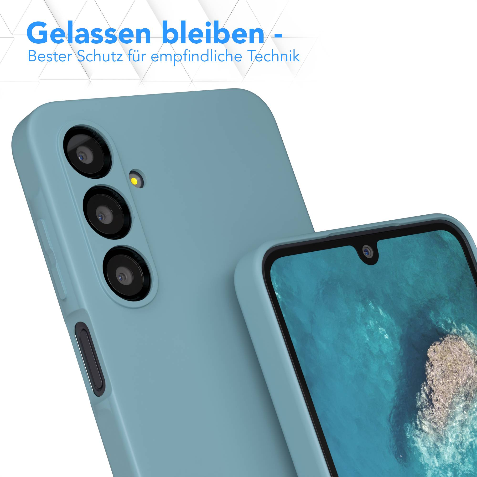 Ein Smartphone in einer hellblauen Hülle. Das Telefon hat mehrere Kameras und einen Bildschirm mit blauem Wasser.
