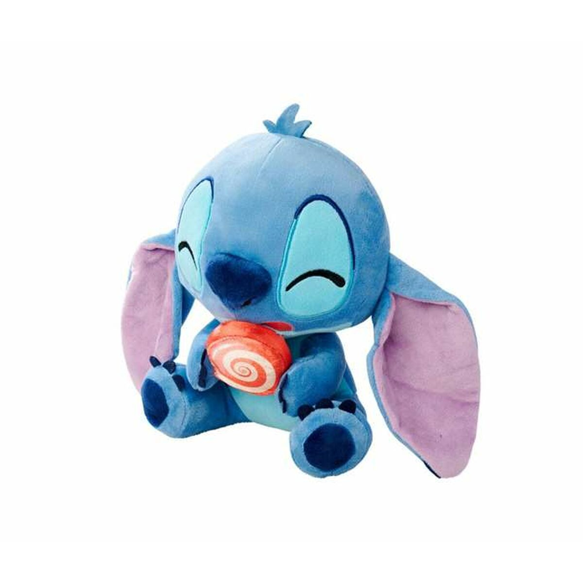 Blaues Stitch-Plüschtier hält ein rot-weißes Bonbon. Es hat große Ohren und sitzt. Der Hintergrund ist weiß.