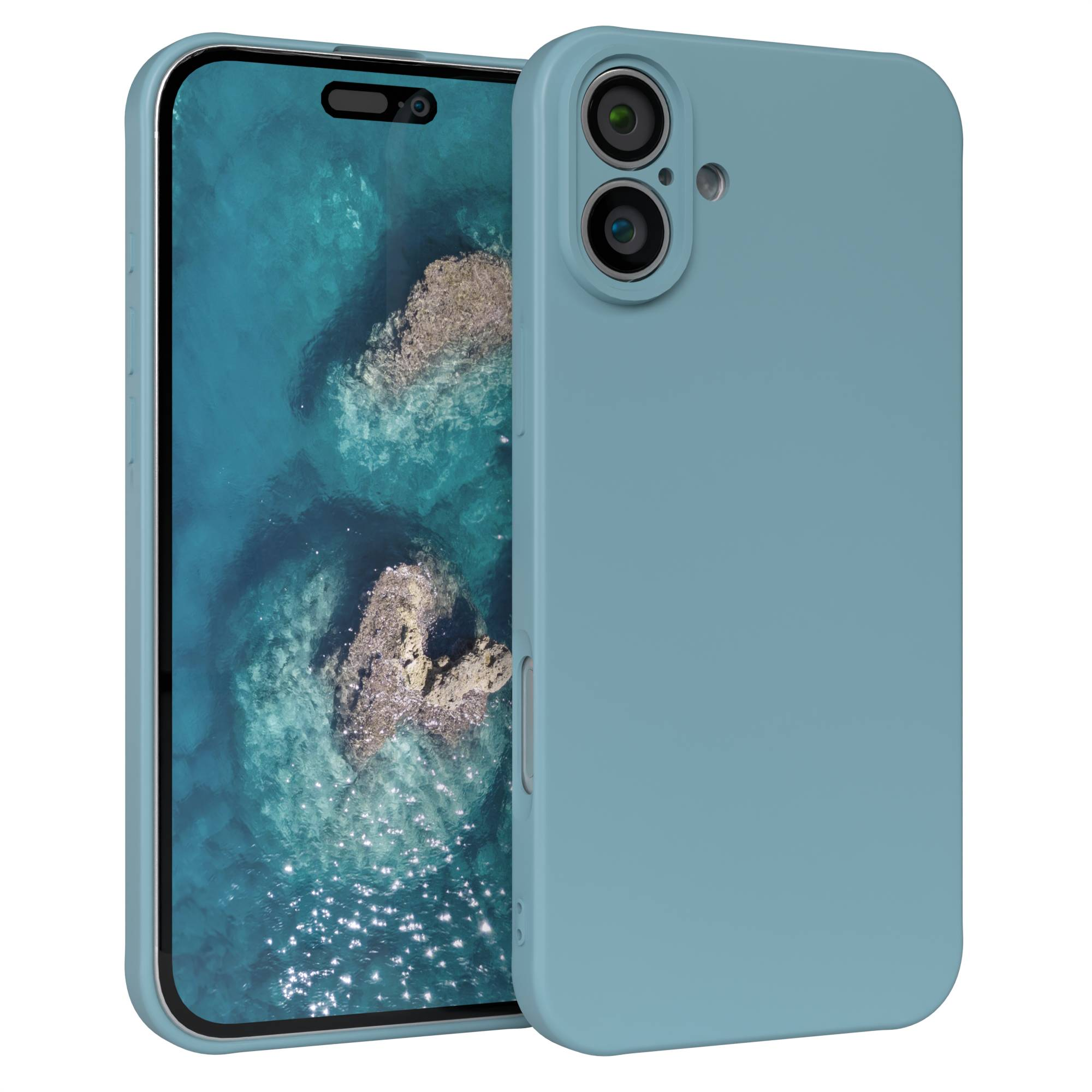 Ein blaues Telefon mit Hülle wird gezeigt. Der Bildschirm zeigt eine Meereslandschaft. Die Hülle hat Kameralinsen und ist blau.