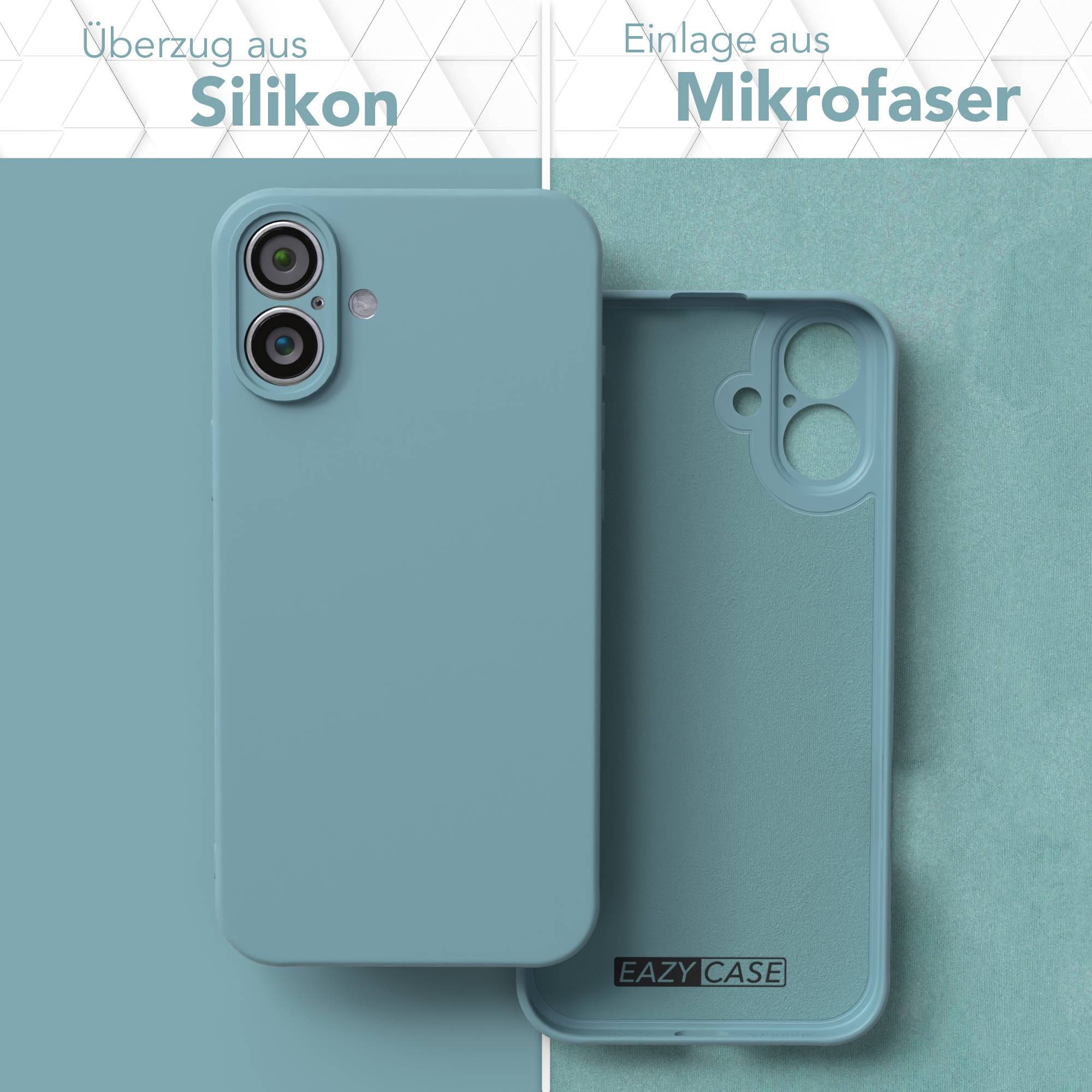 Ein türkisfarbenes Telefongehäuse und Innenfutter mit deutschem Text. Das Gehäuse ist aus Silikon, das Futter aus Mikrofaser. Die Marke ist EAZY CASE.