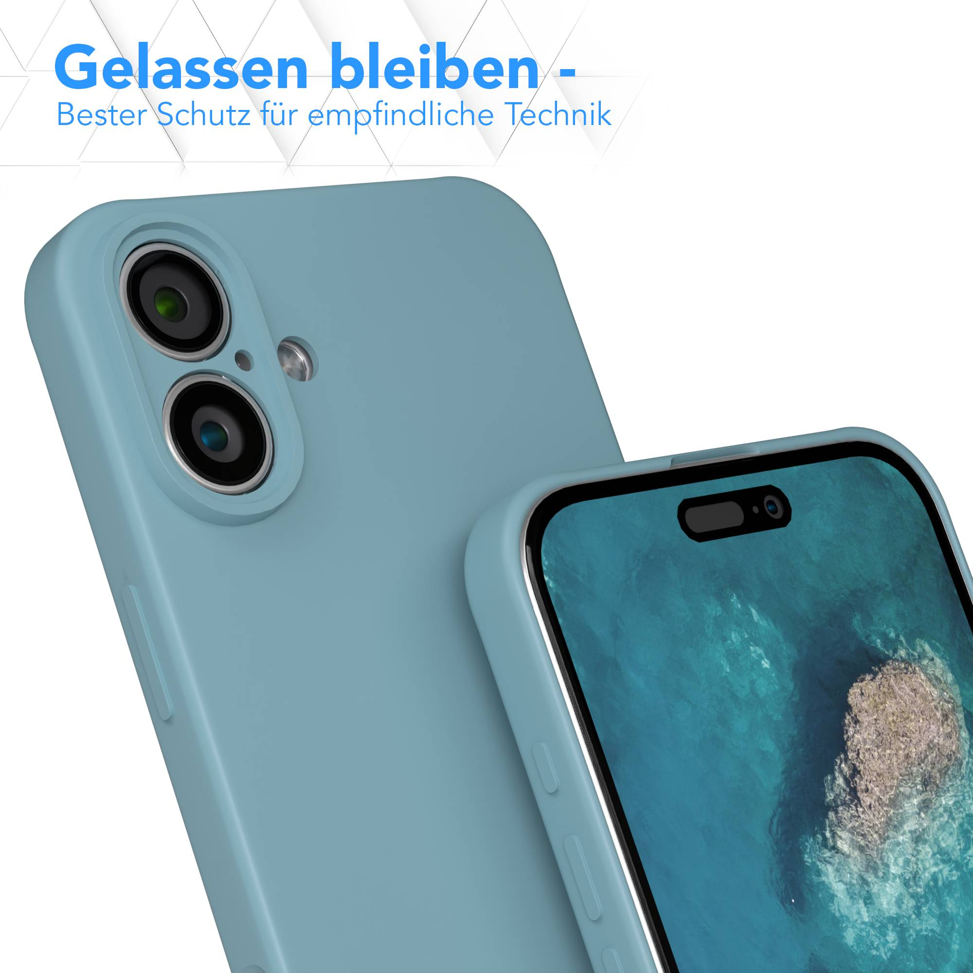 Zwei Handys mit blauen Hüllen. Eines ist fokussiert und zeigt die Kamera, das andere den Bildschirm.