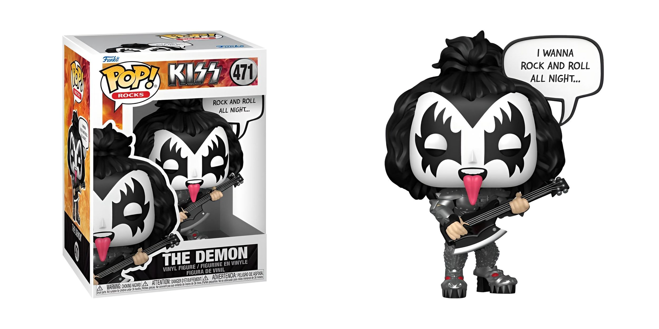 Eine Funko Pop-Figur von The Demon von KISS, die Gitarre spielt. Die Box ist links, die Figur rechts mit einer Sprechblase.