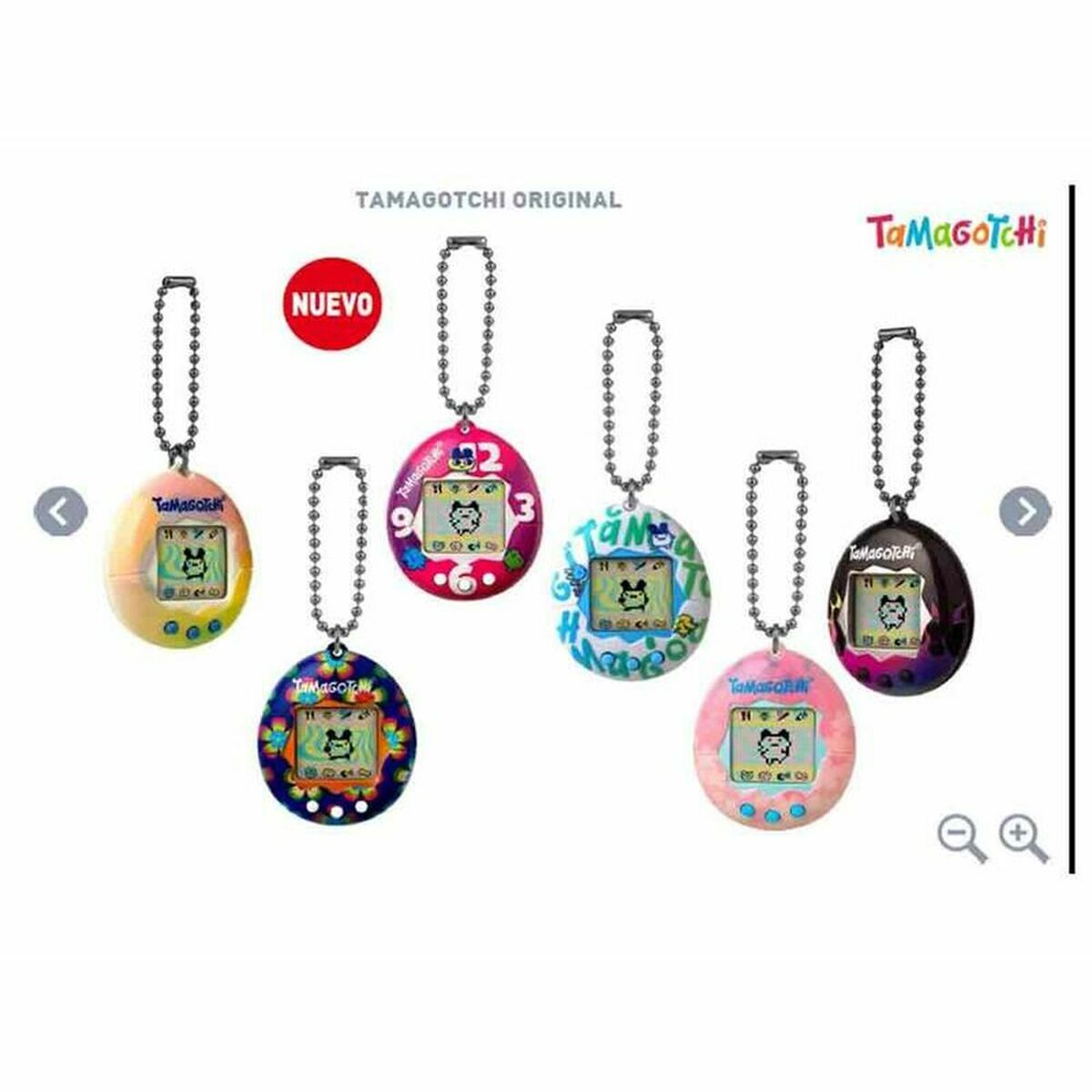 L'image montre six jouets Tamagotchi, chacun avec une couleur et un design différents. Le mot "Nuevo" est visible, signifiant "Nouveau".