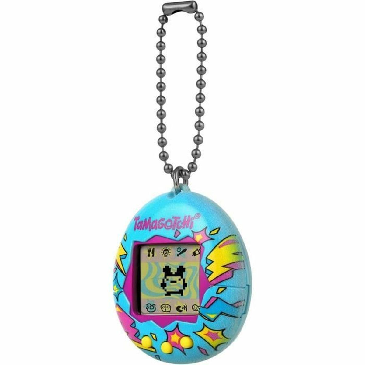 Un jouet Tamagotchi bleu avec une chaîne. Il possède un petit écran affichant un animal de compagnie pixélisé. Le boîtier est décoré de couleurs et d'étoiles.