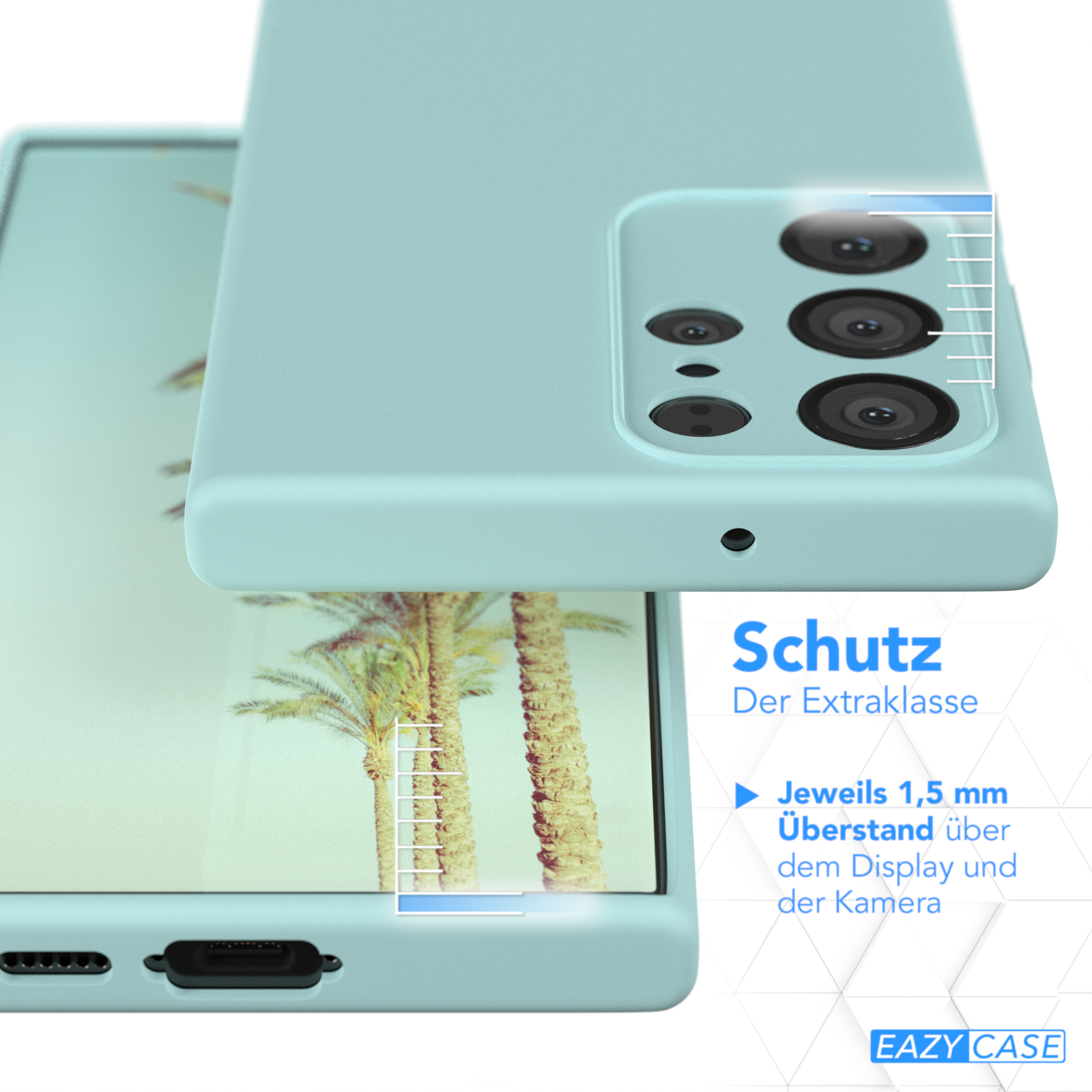 Eine hellblaue Handyhülle wird mit einem Telefon darin gezeigt. Text weist auf 1,5 mm Schutz um Display und Kamera hin.