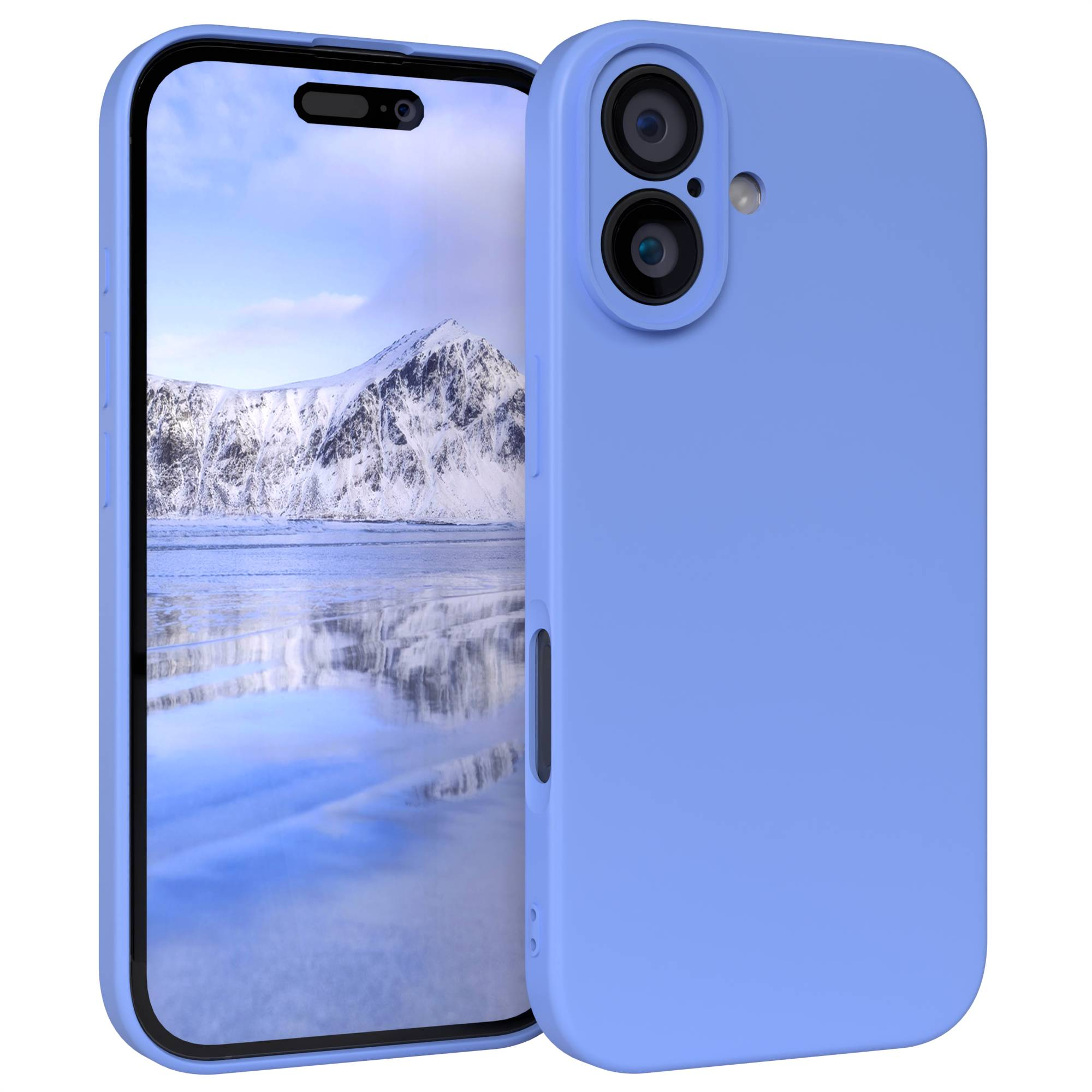 Eine hellblaue Handyhülle mit einem Telefon darin, das eine schneebedeckte Berglandschaft zeigt. Hülle hat Kameraausschnitte.