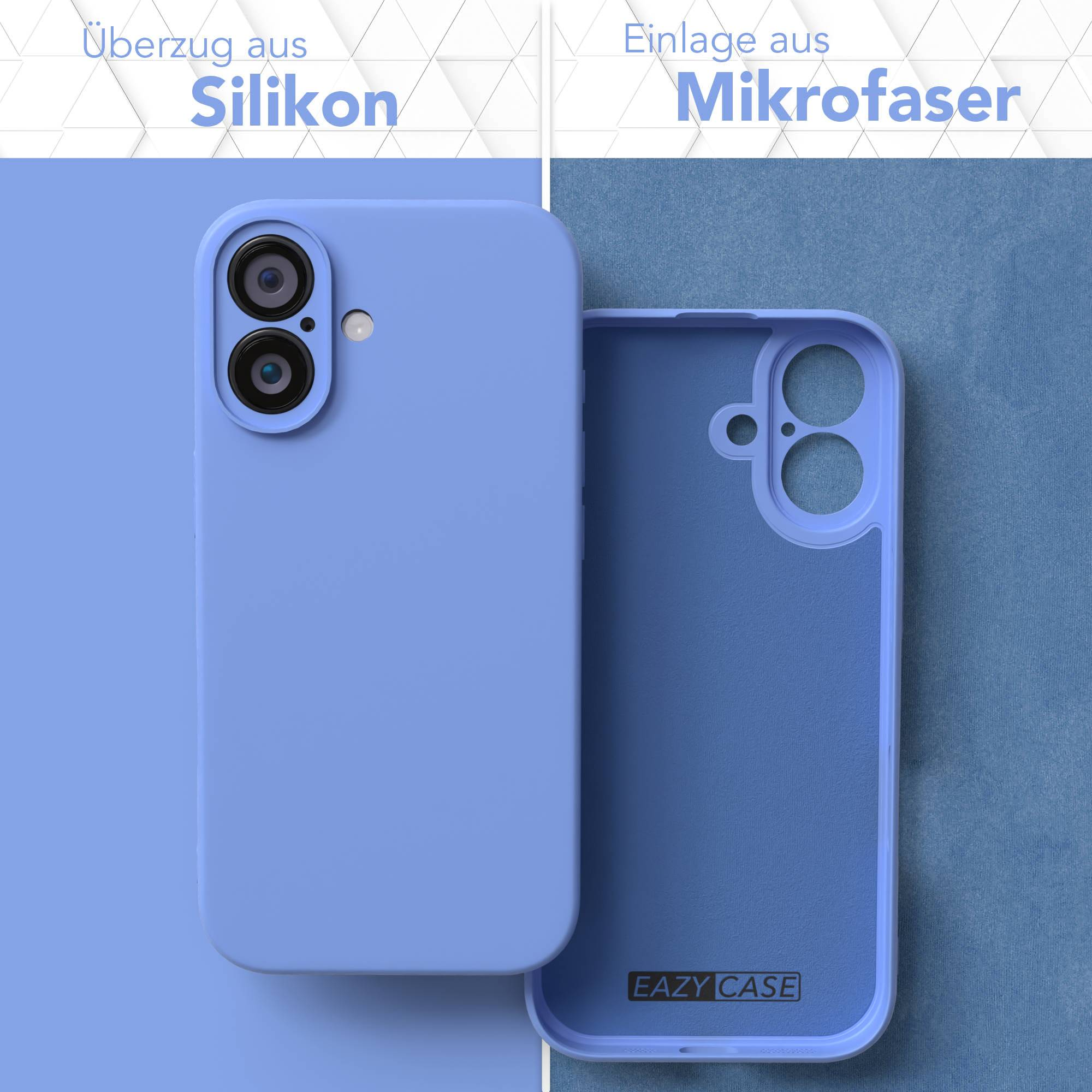 Eine hellblaue Handyhülle und ihr Mikrofaser-Innenraum, geteilter Bildschirm. Text auf Deutsch: Silikonhülle, Mikrofaser-Inlay.