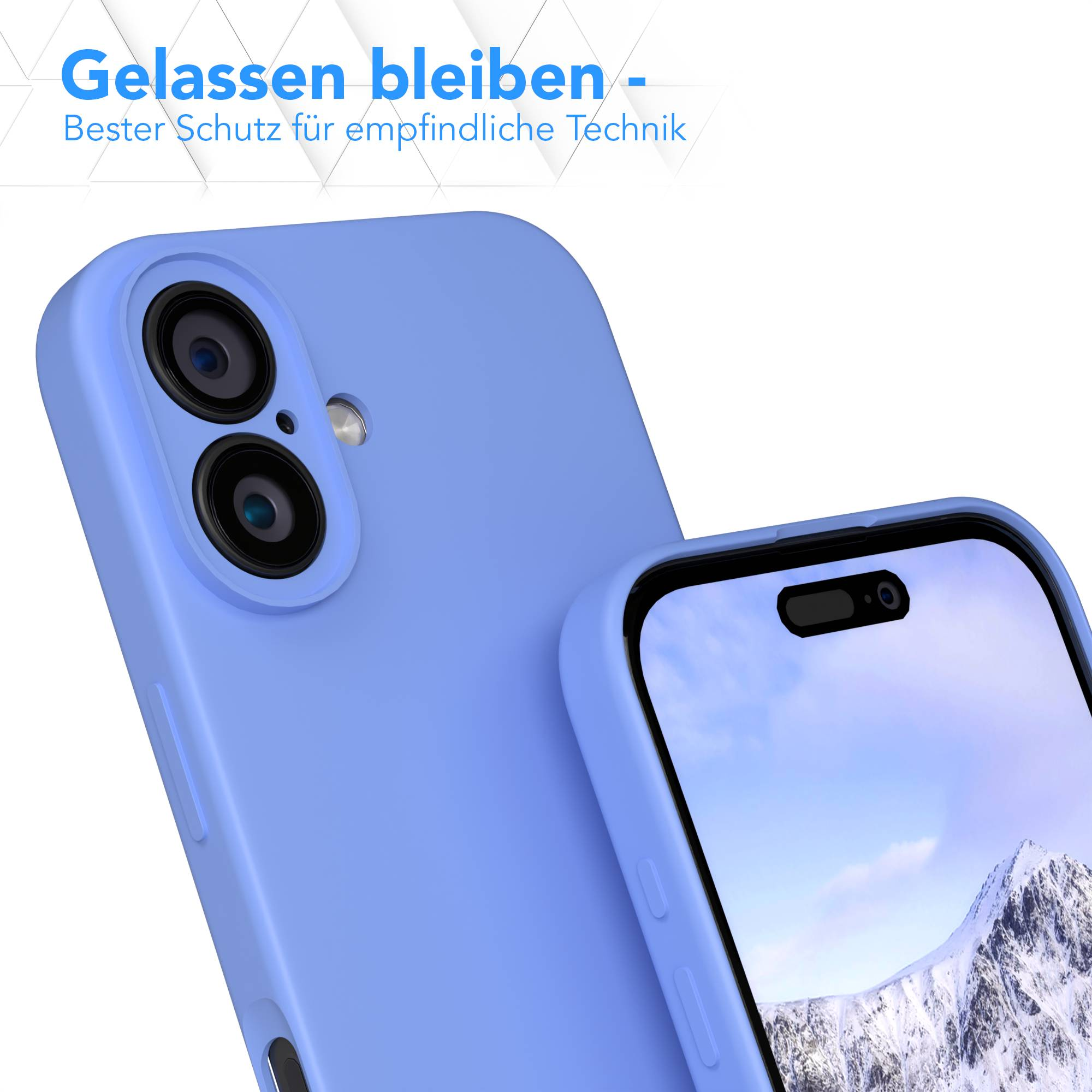 Eine blaue Handyhülle mit einem Telefon im Inneren. Auf dem Telefon ist eine Bergszene zu sehen. Text oben in Blau.