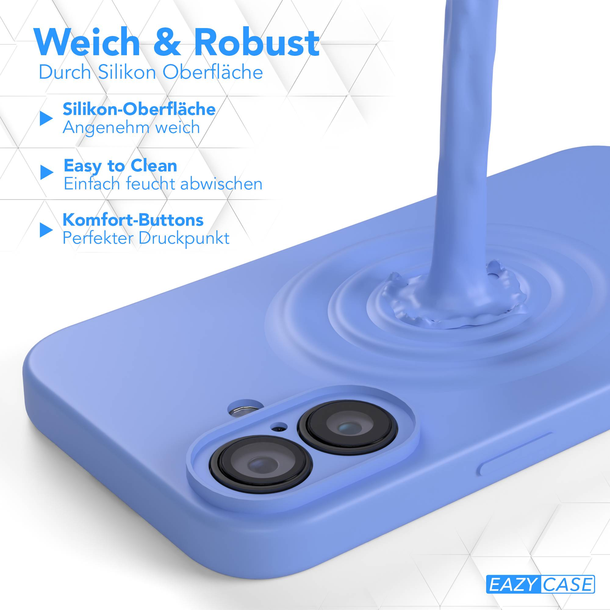 Blaues Handycase mit Kameralinsen, Flüssigkeit gießt darauf. Text: Weich & Robust, Silikon-Oberfläche, Easy to Clean, Komfort-Buttons.