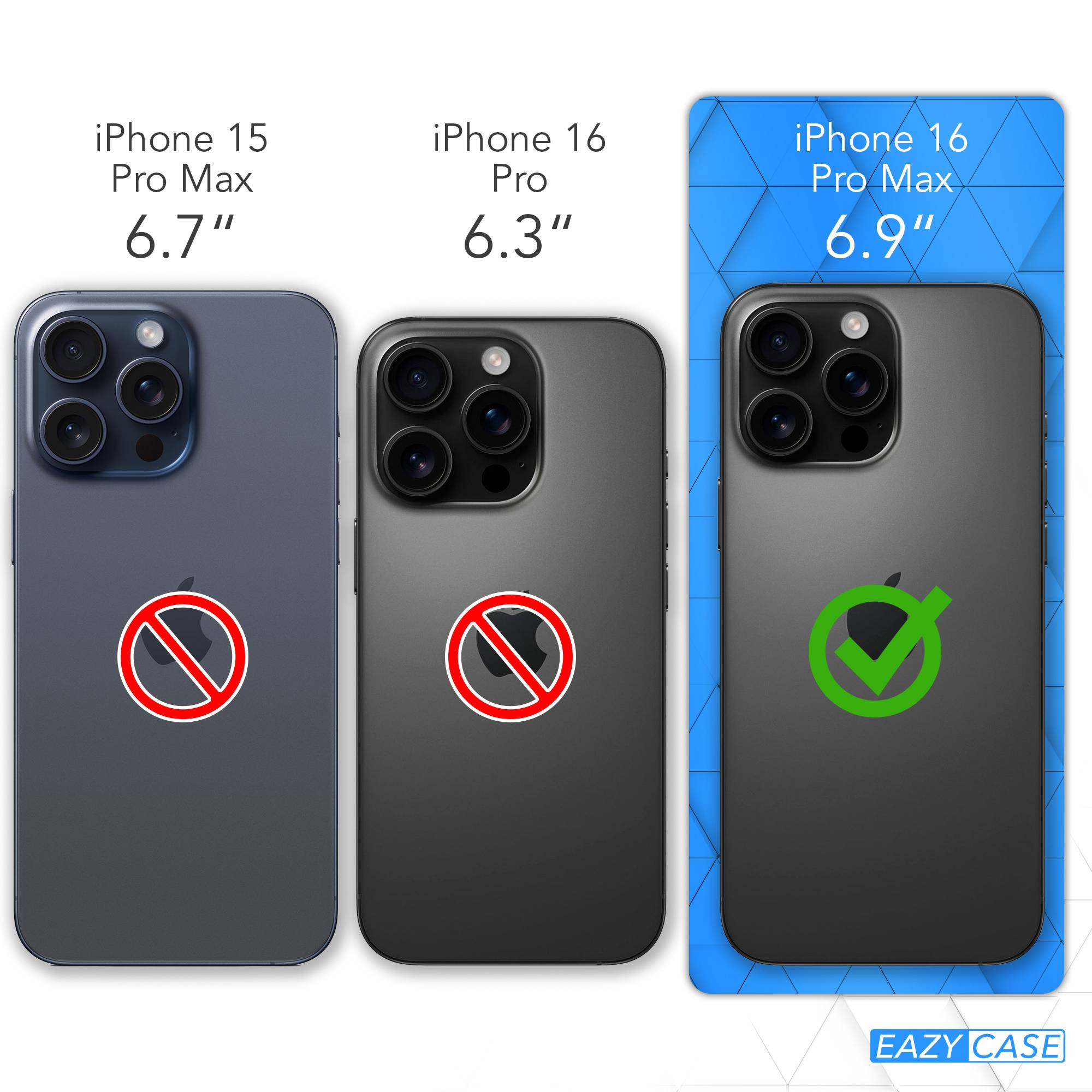 Das Bild zeigt drei Handys: iPhone 15 Pro Max, iPhone 16 Pro und iPhone 16 Pro Max. Pro Max hat ein grünes Häkchen.
