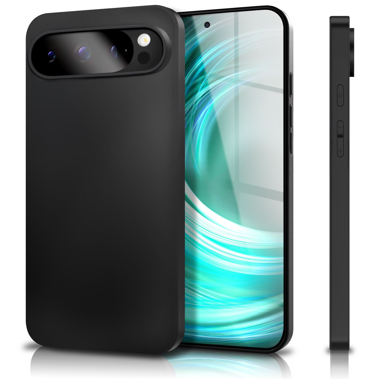 Eine schwarze Handyhülle mit einem Handy darin. Das Telefon ist zur Seite gedreht. Der Hintergrund ist weiß.