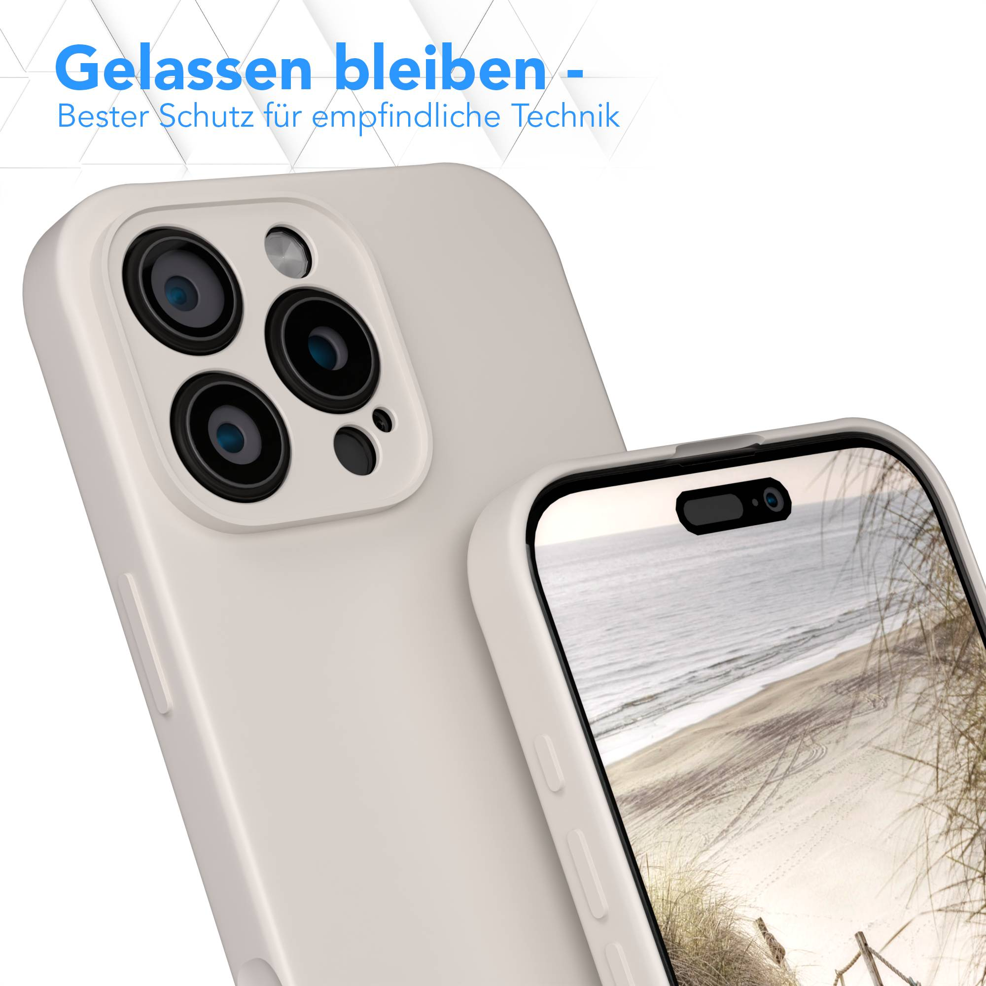 Zwei Smartphones, eines mit einem Strandbild, beide in hellbeigen Hüllen. Text oben: Bleiben Sie ruhig - Bester Schutz für empfindliche Technik.