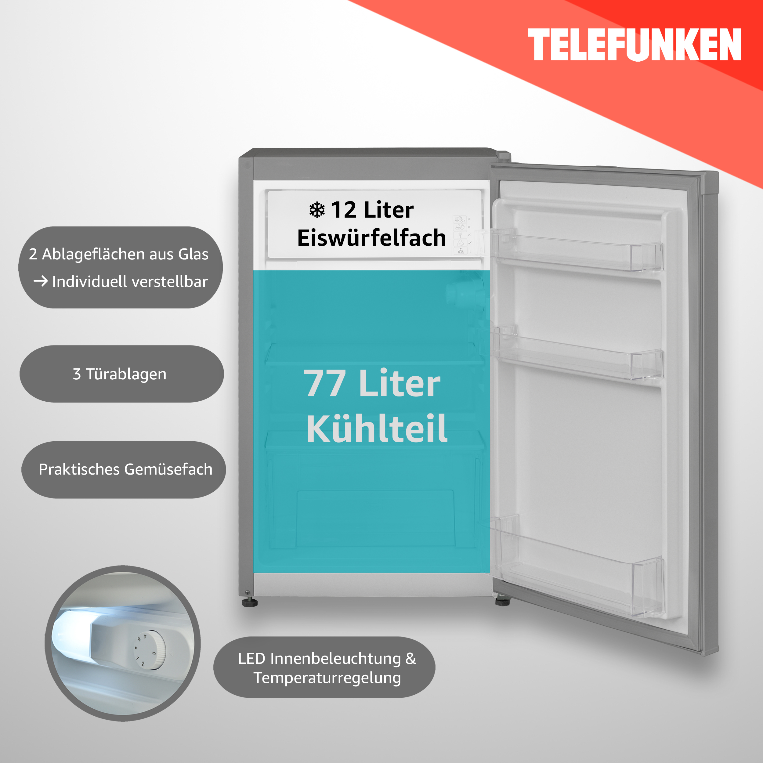 Ein offener silberner Kühlschrank mit weißem Innenraum. Enthält Regale, ein Eisfach und ein Gemüsefach. Text zeigt Kapazität in Litern.