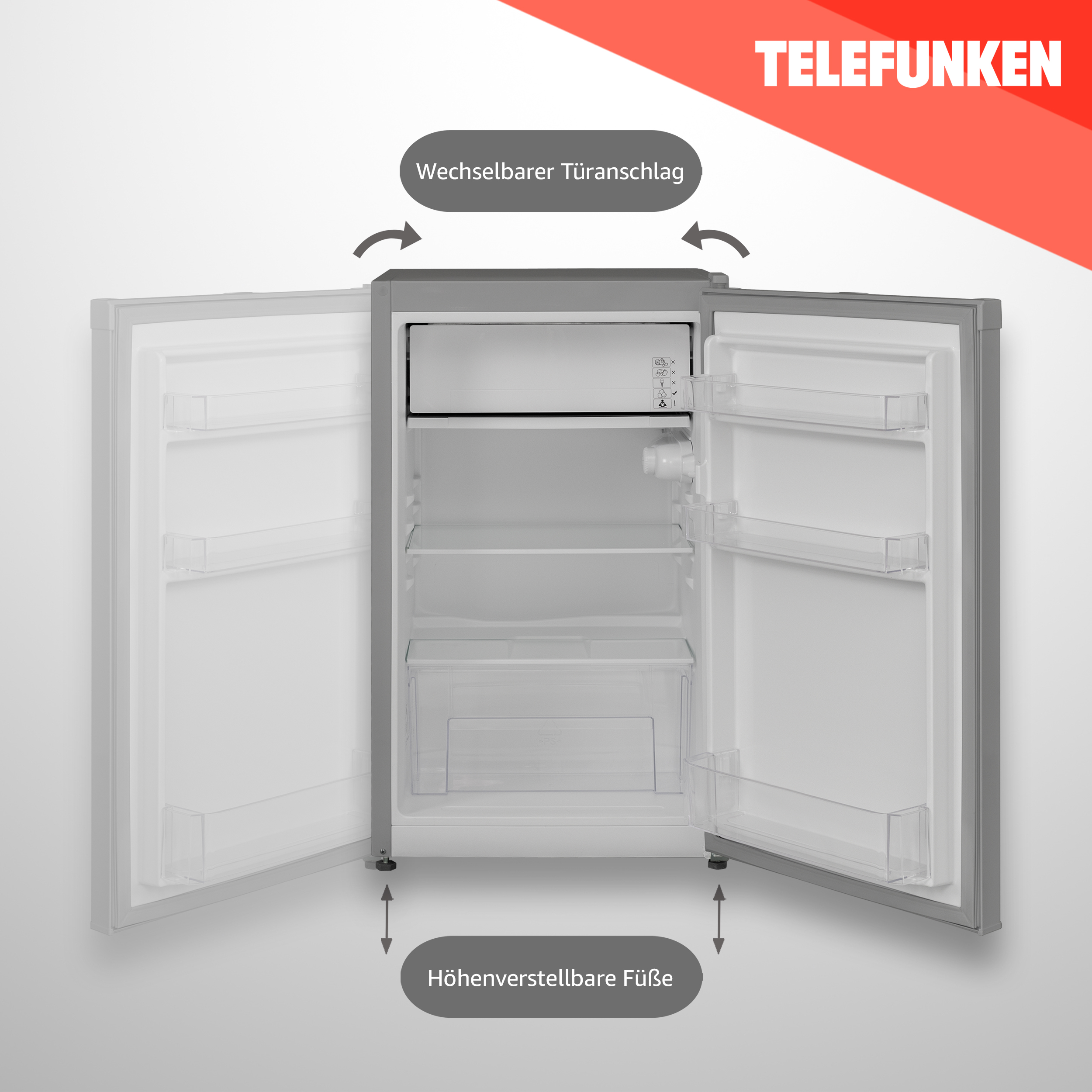 Offener Kühlschrank mit verstellbaren Füßen. Die Marke TELEFUNKEN ist sichtbar. Details: Wendetür und verstellbare Füße.