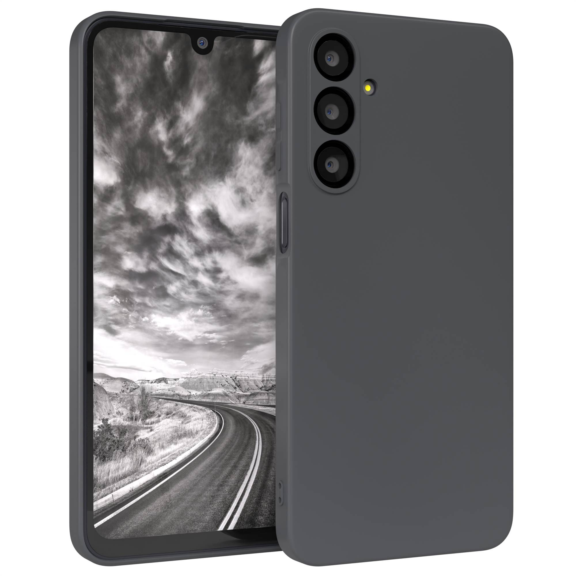 Dunkelgraues Telefon mit Bildschirm, der eine Schwarz-Weiß-Landschaft zeigt. Auf der Rückseite befinden sich drei Kameras und ein Blitz.