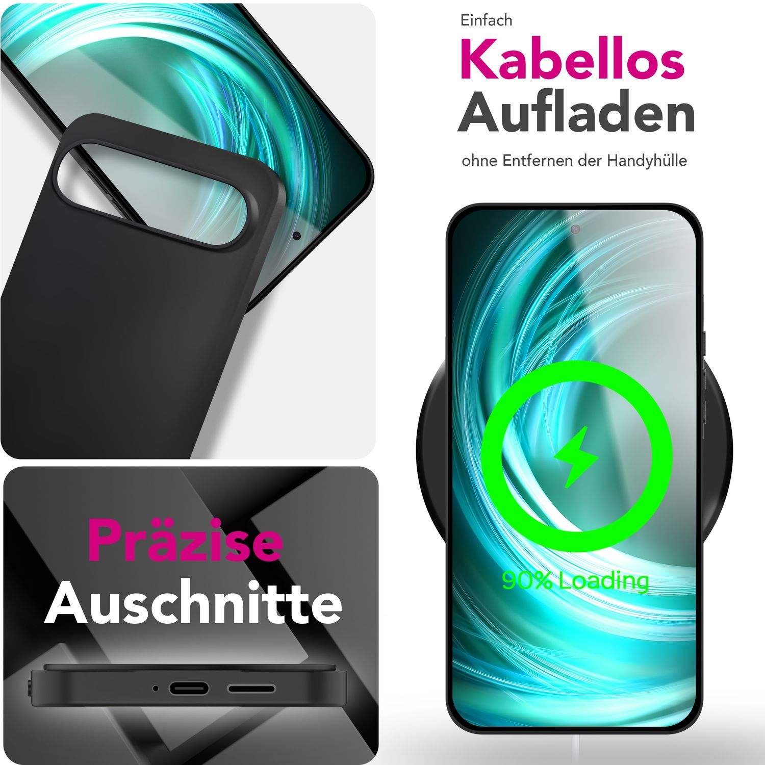 Schwarze Handyhülle, kabelloses Laden mit 90 % Akku. Texte: Kabelloses Laden, präzise Ausschnitte.