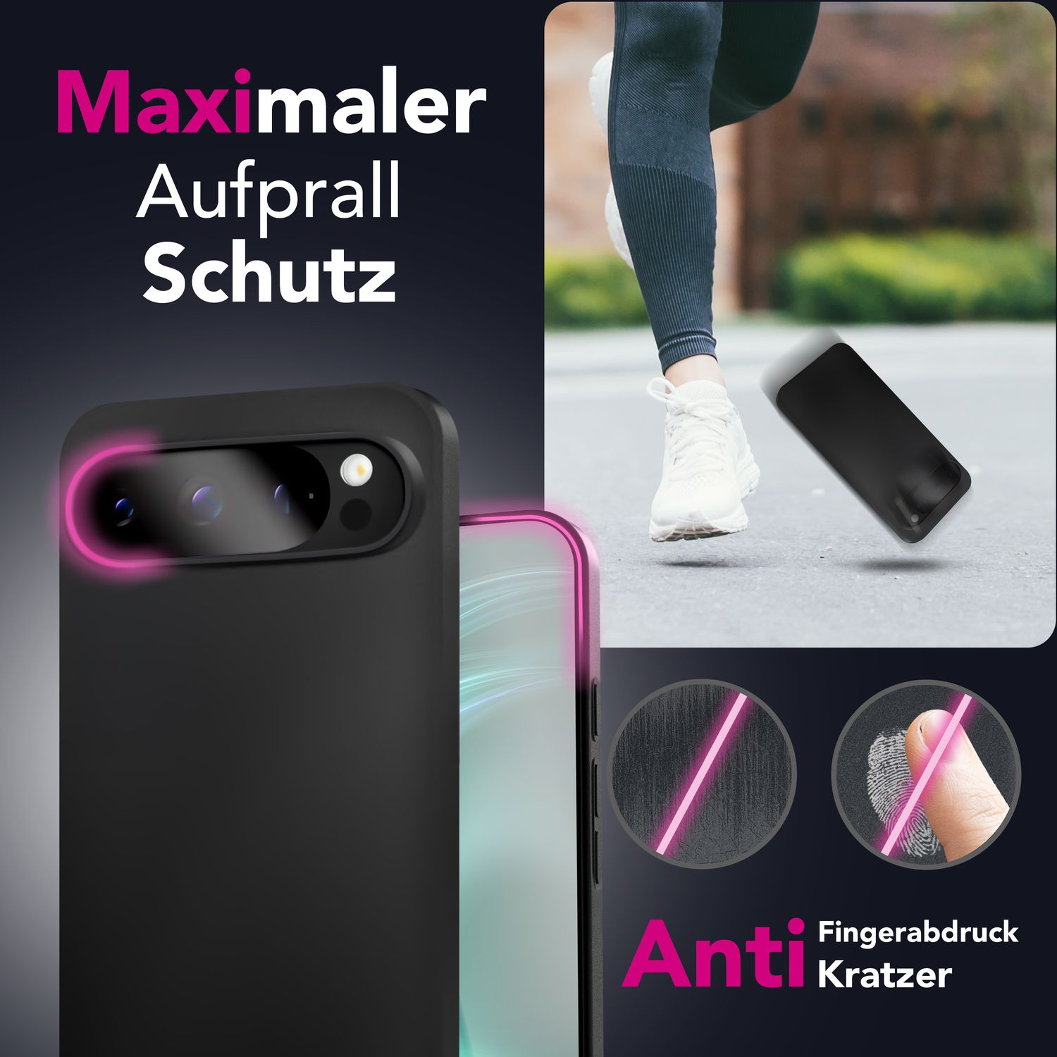 Das Bild zeigt eine Handyhülle mit dem Text 'Maximaler Aufprall Schutz' und einen Läufer. Auch Anti-Fingerabdruck- und Kratzschutzfunktionen.
