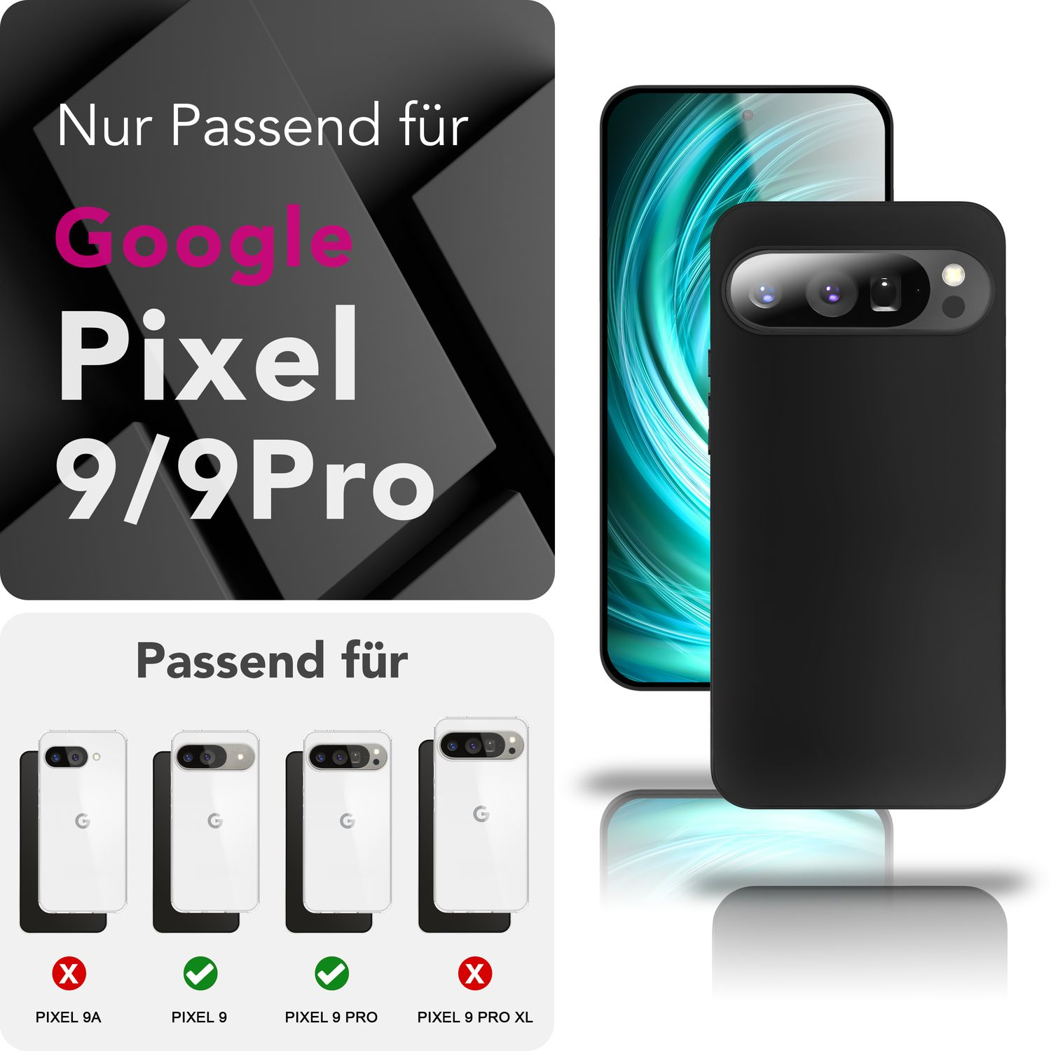 Das Bild zeigt eine schwarze Handyhülle und ein Handy mit grün-blauem Hintergrund. Text lautet 'Google Pixel 9/9 Pro'.