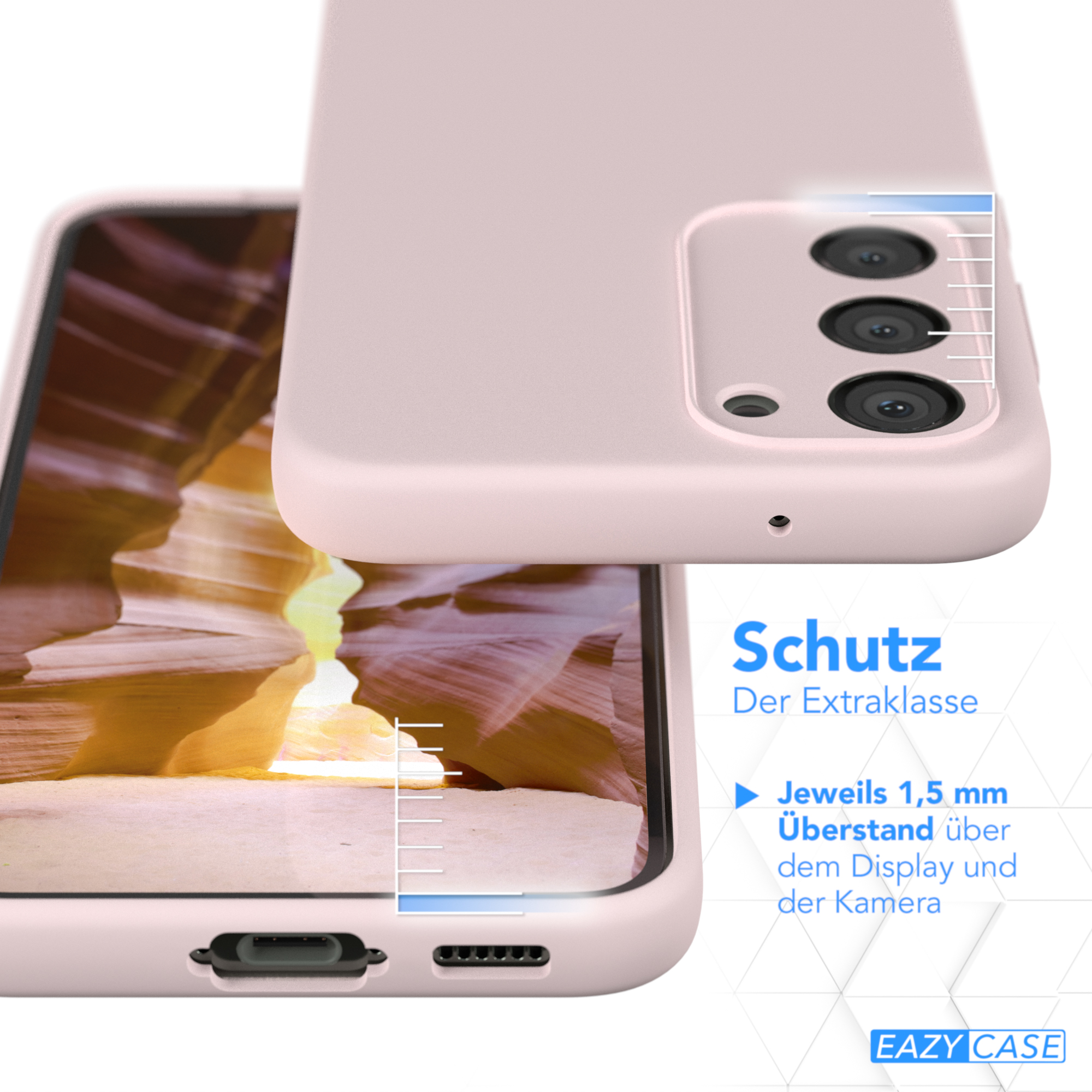 Eine rosa Handyhülle schützt ein Telefon. Die Hülle hat einen erhöhten Rand über Display und Kamera.