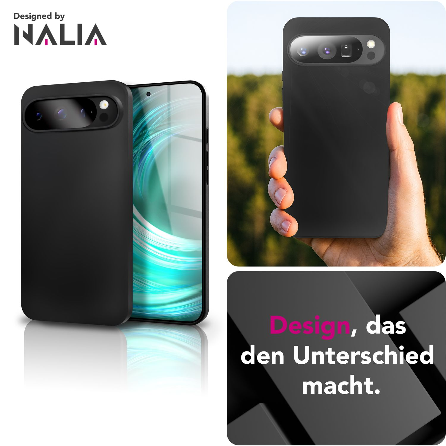 Schwarze Handyhülle mit Kameraausschnitt, in der Hand gehalten. Zeigt auch ein Handy mit hellem Bildschirm. Text: Design, das den Unterschied macht.