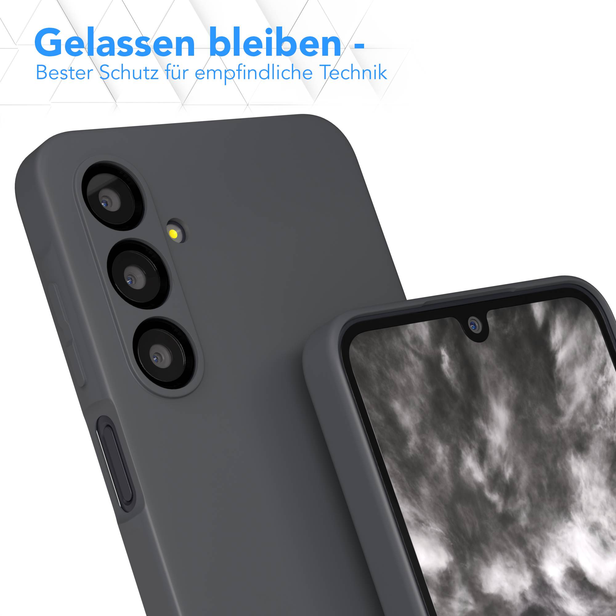 Gezeigt wird eine graue Handyhülle mit drei Kameralinsen, die ein Handy bedeckt. Der Text oben lautet: 'Gelassen bleiben.'