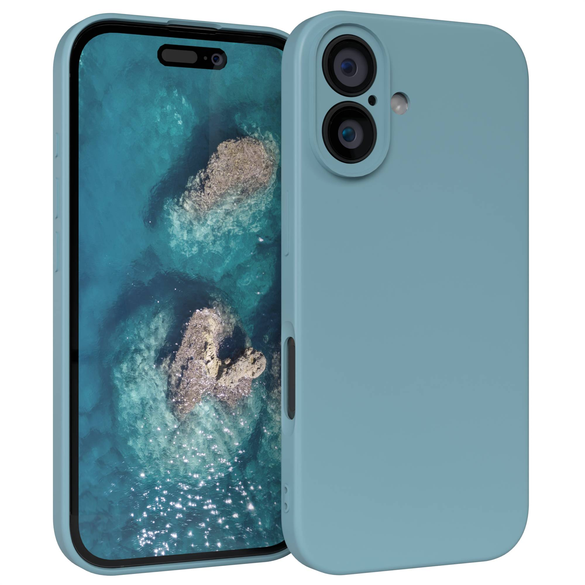 Eine hellblaue Handyhülle mit einem Telefon darin. Das Telefon zeigt eine Meereslandschaft mit Felsen. Das Gehäuse hat zwei Kameras.