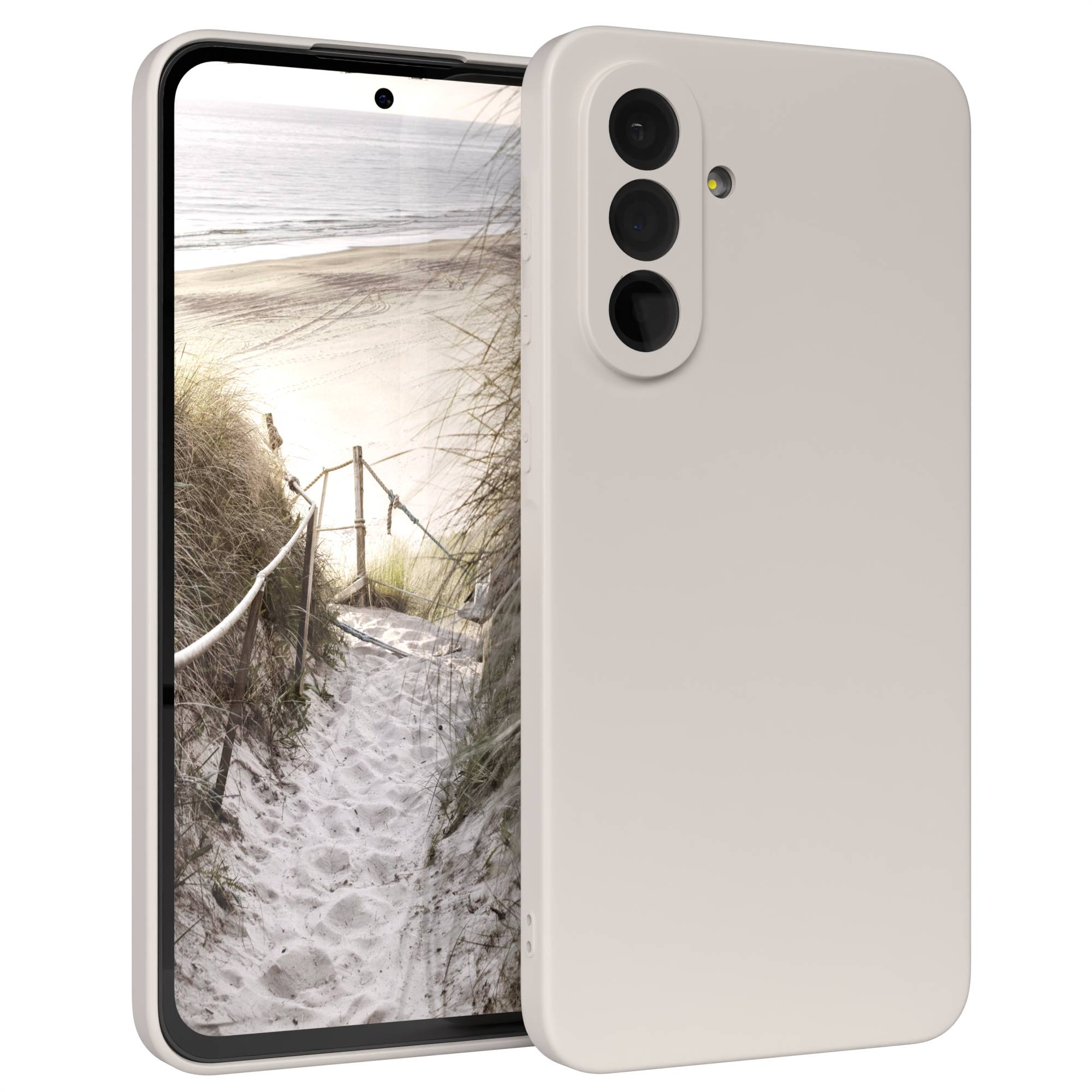 Beiges Telefon mit Strandszene auf dem Bildschirm. Drei Kameras auf der Rückseite.