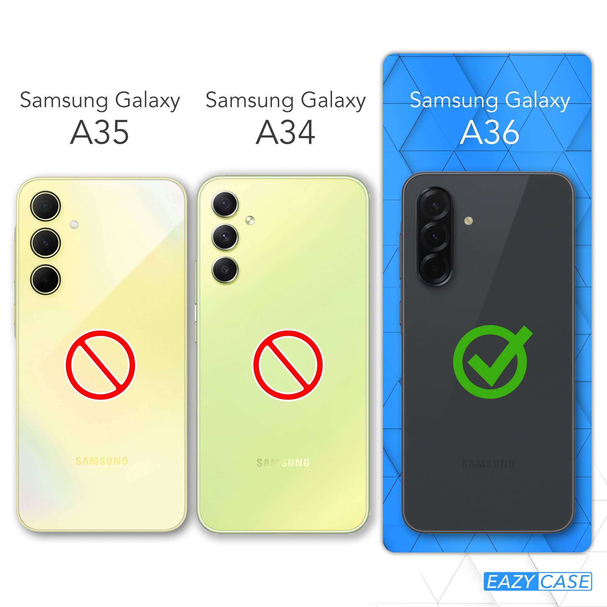 Das Bild zeigt drei Samsung Galaxy-Telefone: A35 (nein), A34 (nein) und A36 (ja). Jedes Telefon hat drei Kameras und ein Samsung-Logo.