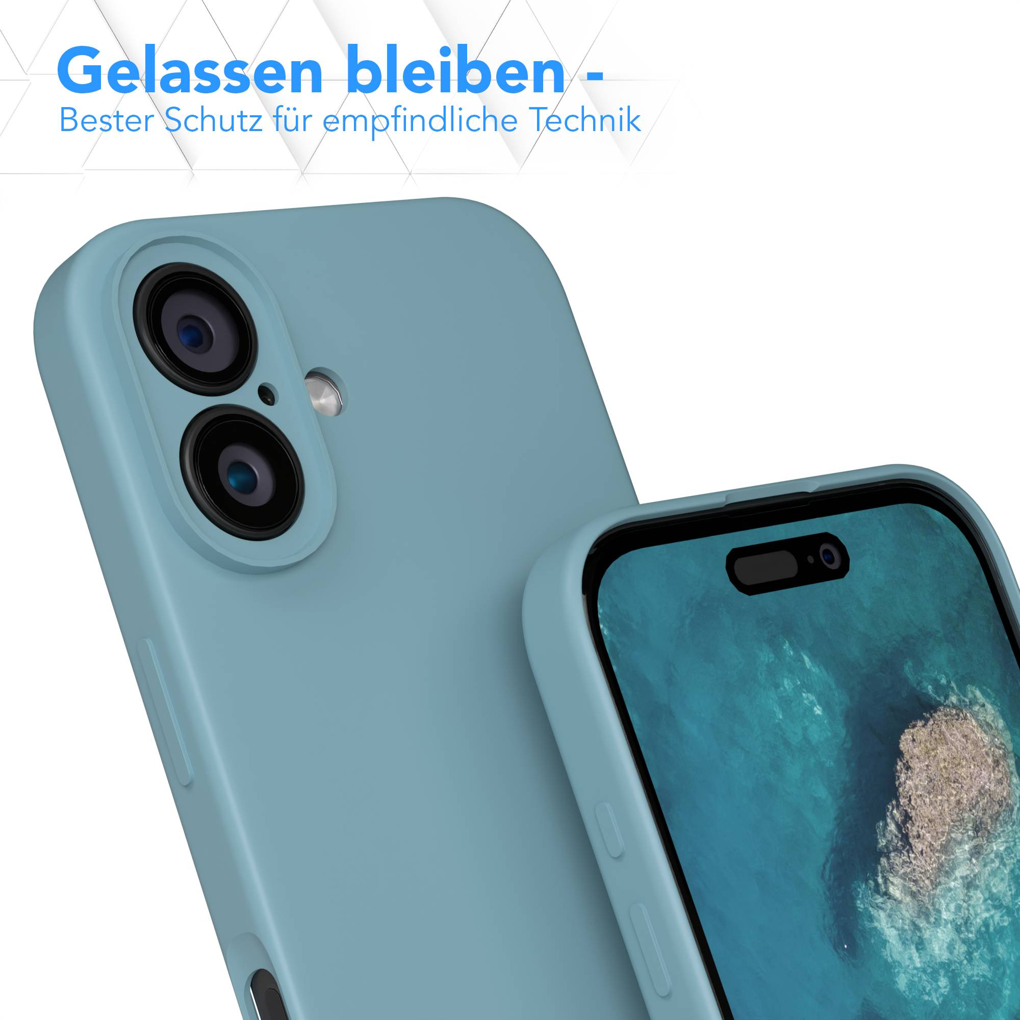 Zwei hellblaue Handyhüllen, eine mit Kameralinsen und die andere mit einem Wasserbild auf dem Bildschirm.