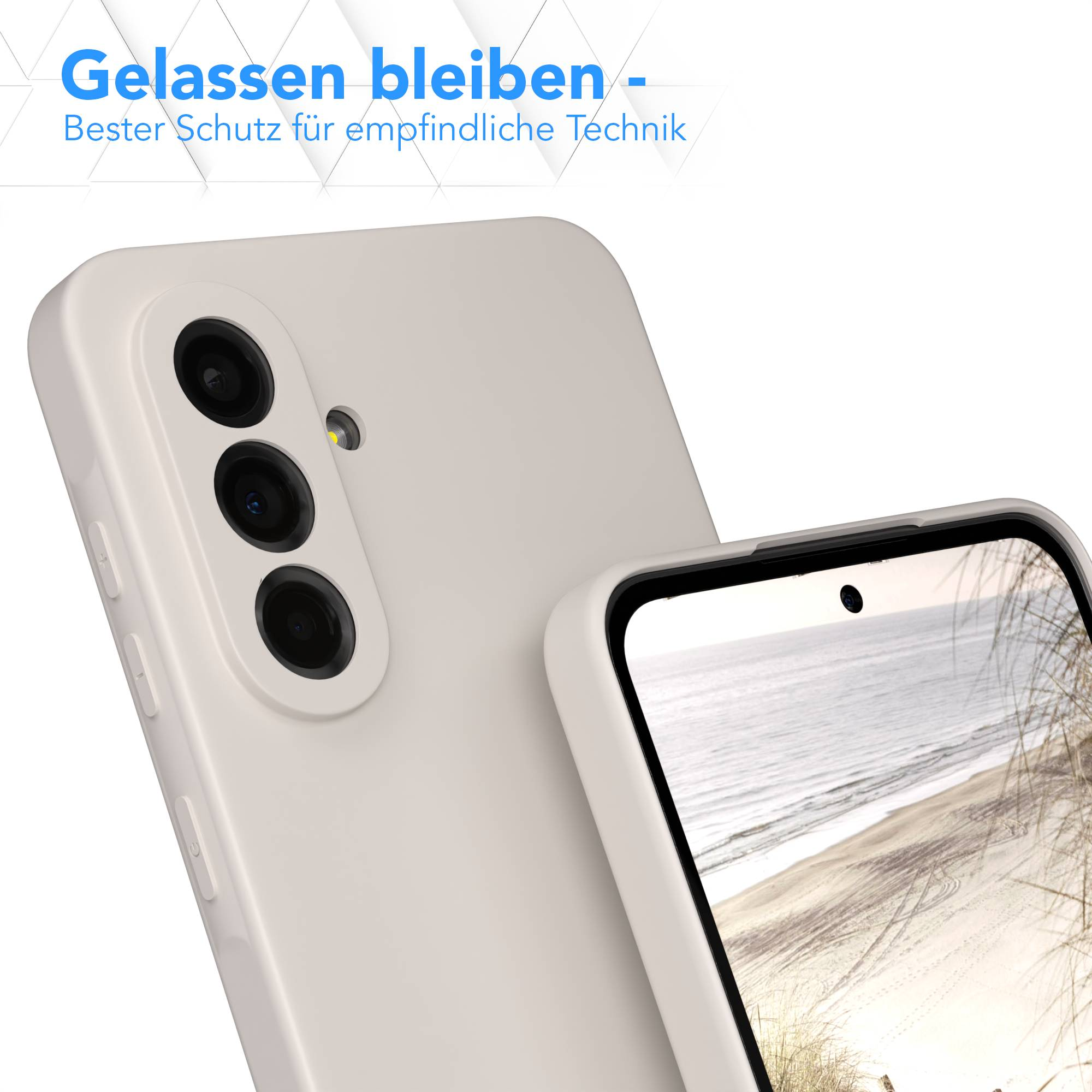 Eine Telefonhülle mit einer Strandszene auf dem Bildschirm. Das Telefon hat drei Kameralinsen und ist hellbeige.