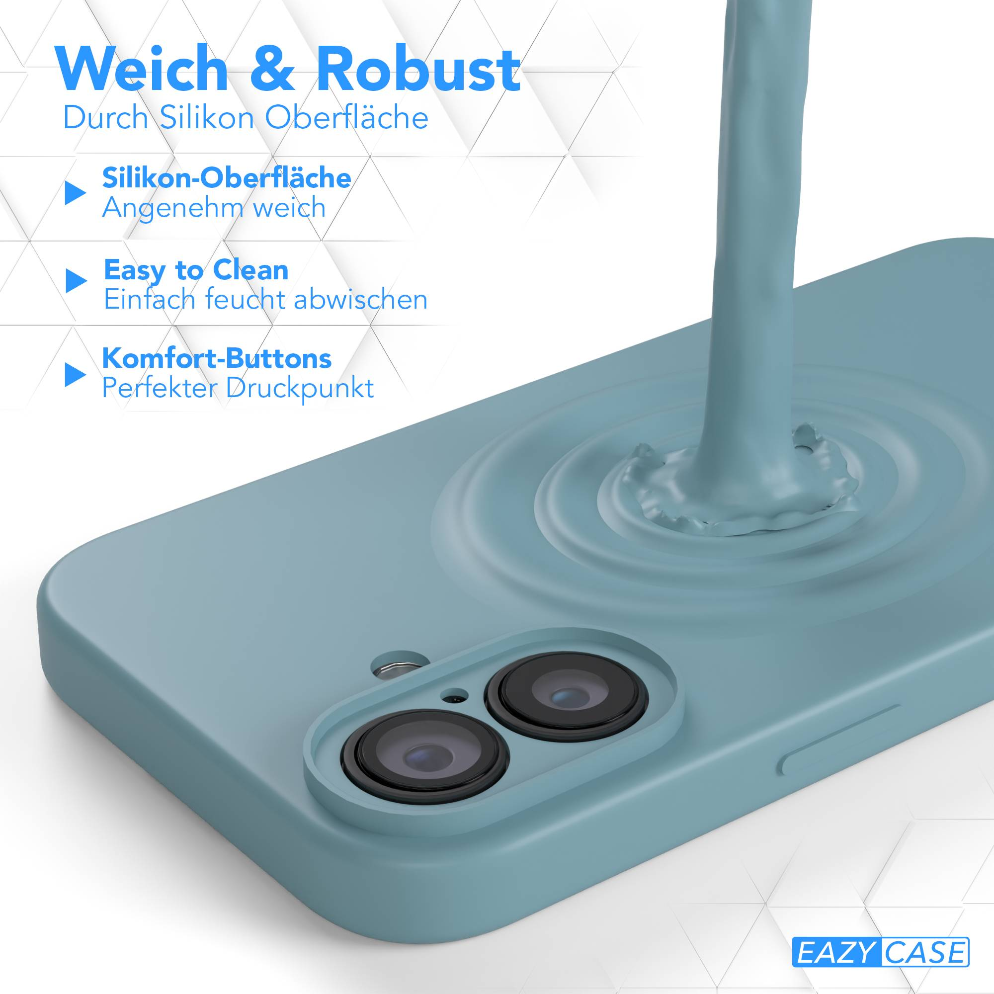 Eine blaue Handyhülle mit zwei Kameraausschnitten wird gezeigt. Hellblaue Flüssigkeit wird darauf gegossen.