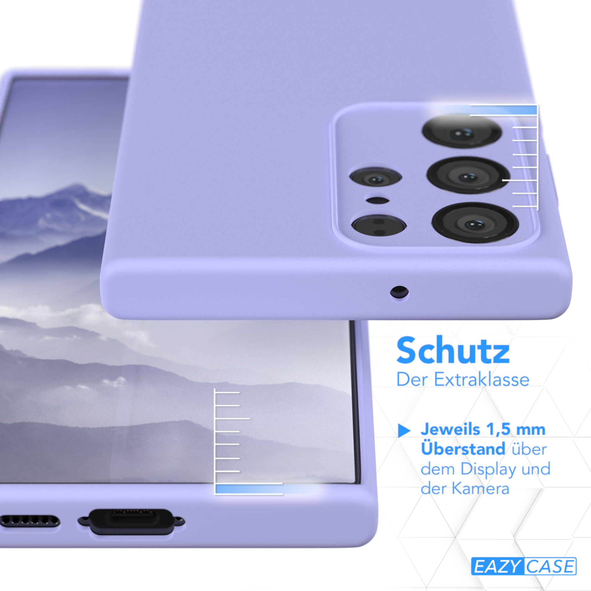 Eine hellviolette Handyhülle mit einem Telefon darin, das seine Kamera und ein Landschaftsbild auf dem Bildschirm zeigt.