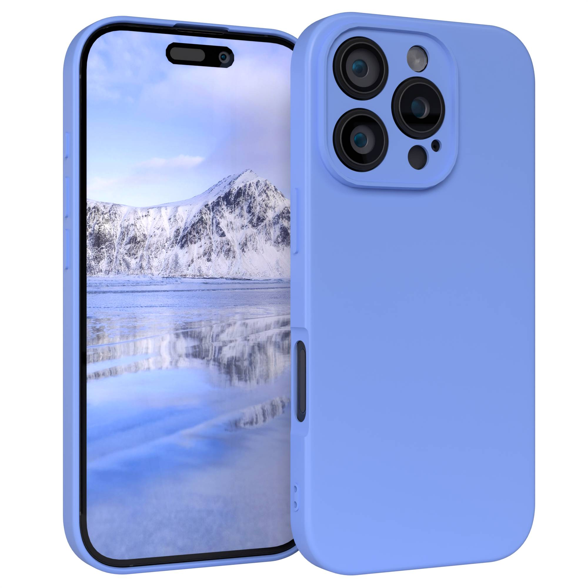 Ein Telefon mit hellblauer Hülle und einem Bildschirm, der eine schneebedeckte Berglandschaft zeigt. Die Hülle hat mehrere Kameras.