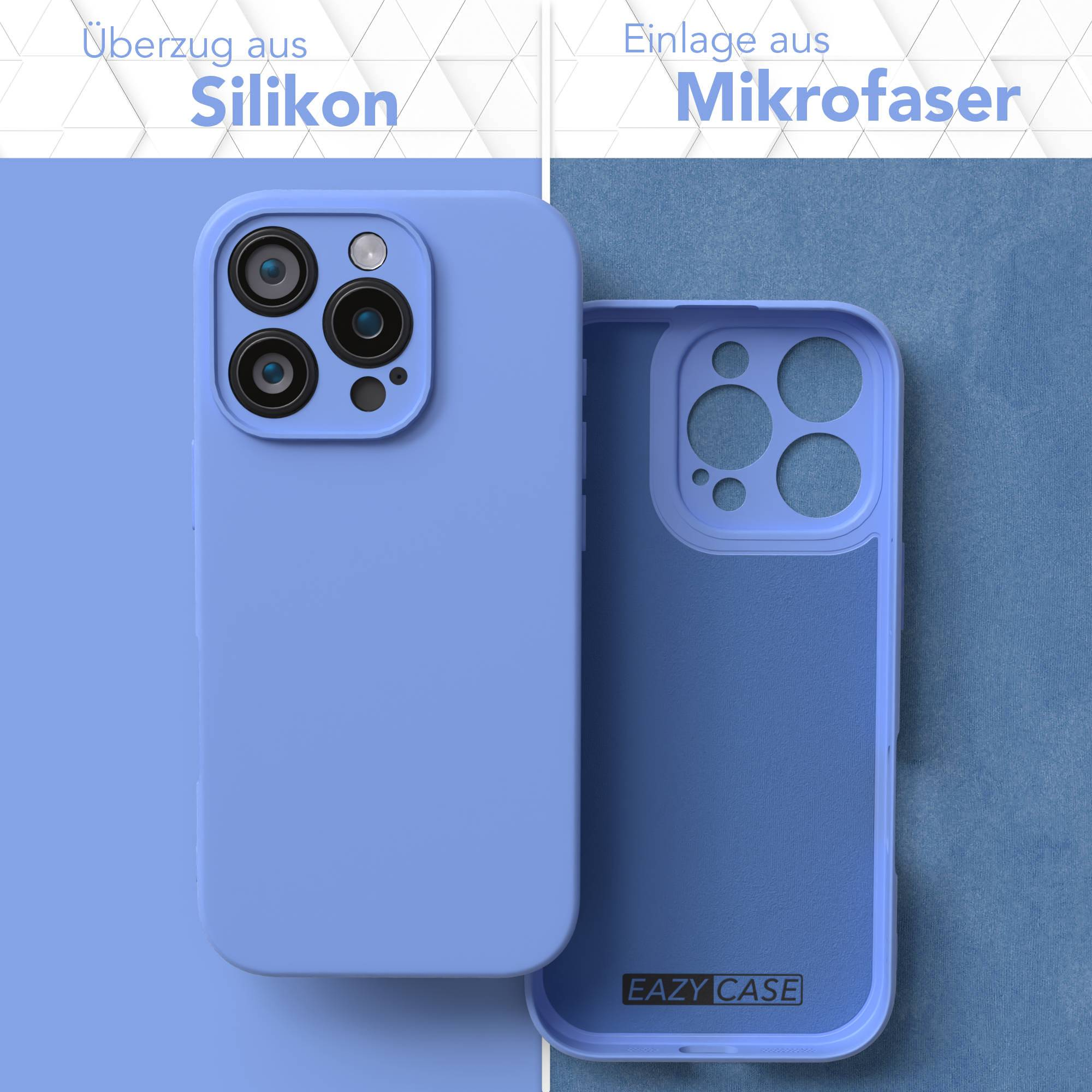 Zwei Handyhüllen, eine offen. Links ist Silikon. Rechts ist Mikrofaser. Beide sind blau mit dem Eazy Case Logo.