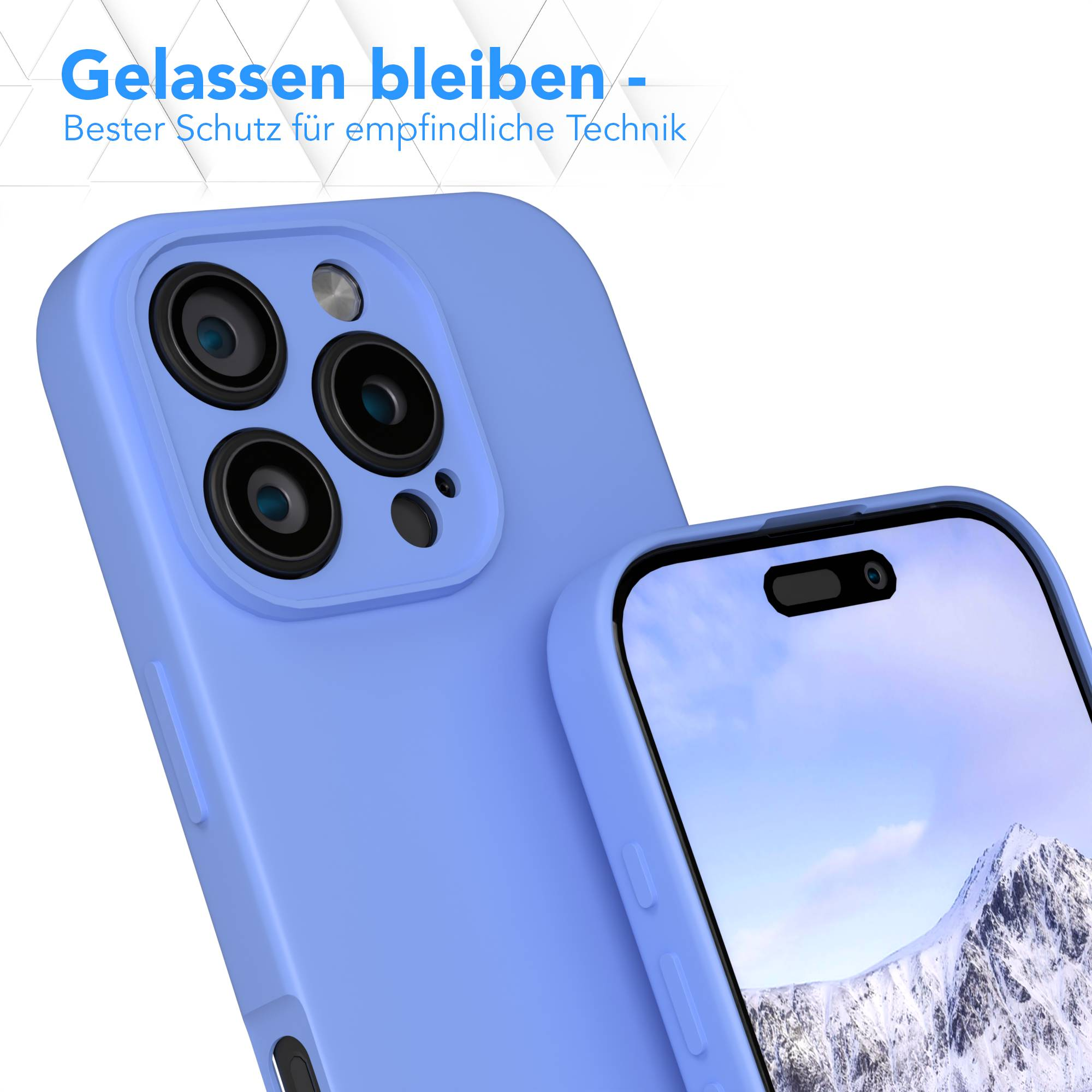 Zwei blaue Handyhüllen. Eine bedeckt die Rückseite des Telefons mit sichtbaren Kameralinsen, die andere zeigt den Bildschirm mit Bergpanorama.