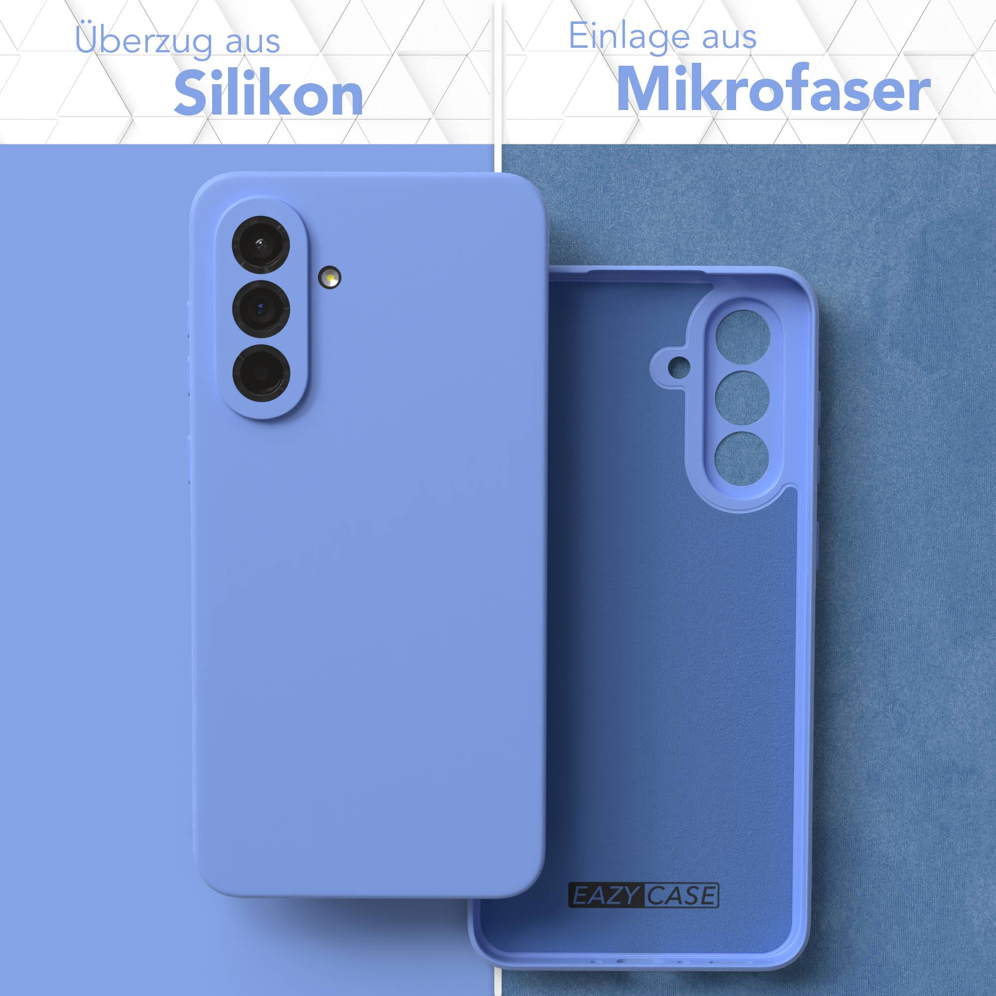 Eine Handyhülle in zwei Teilen, eines aus blauem Silikon und eines aus blauer Mikrofaser. Text zeigt 'Silikon' und 'Mikrofaser'.