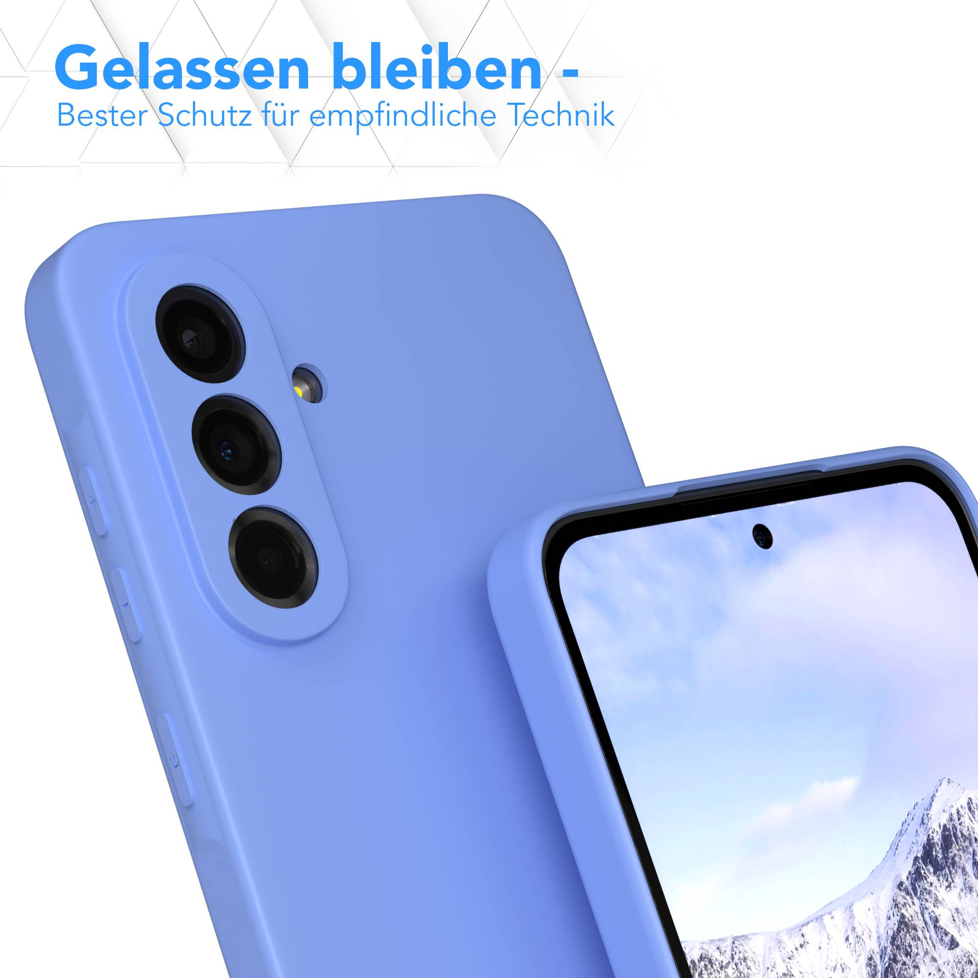 Zwei lila Handyhüllen, eine mit sichtbaren Kameralinsen. Der Bildschirm eines Handys mit einem schneebedeckten Berg ist sichtbar.