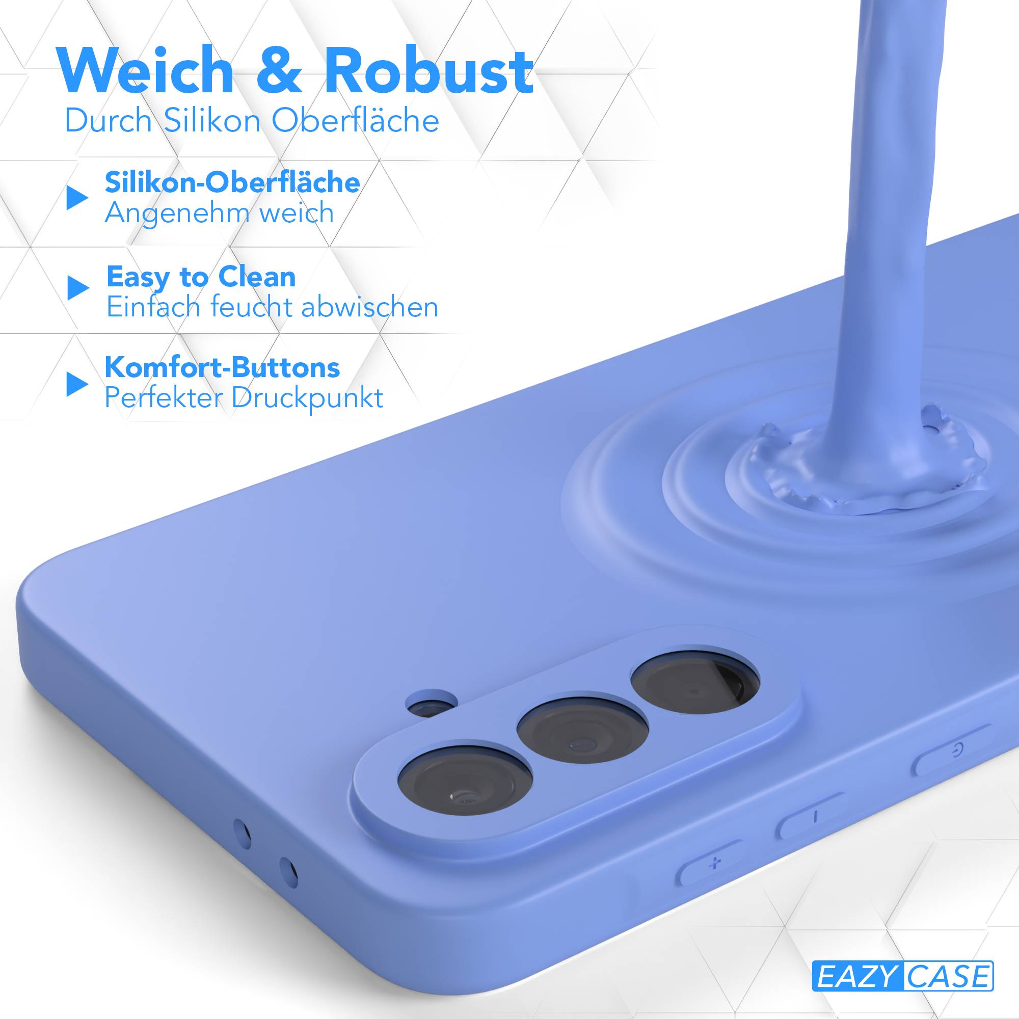 Eine blaue Handyhülle mit Flüssigkeitsspritzer und Text. Eigenschaften: Silikon-Oberfläche, Easy to Clean, Komfort-Buttons.