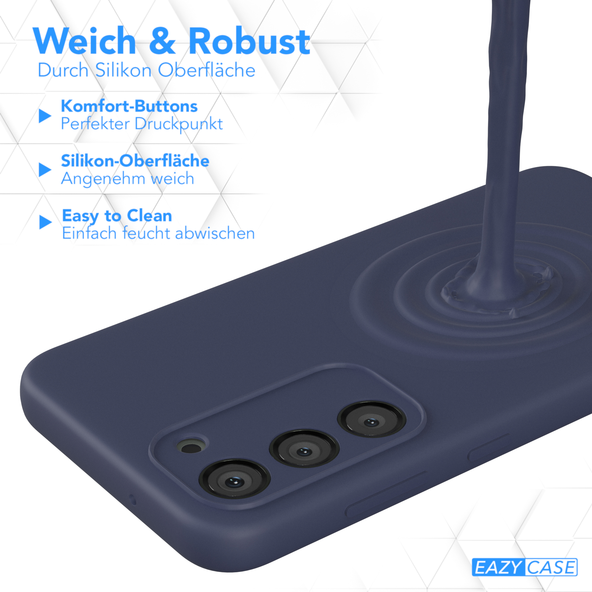 Eine marineblaue Handyhülle mit drei Kameralinsen, Flüssigkeit wird darauf gegossen. Text: Weich & Robust, Komfort-Buttons usw.
