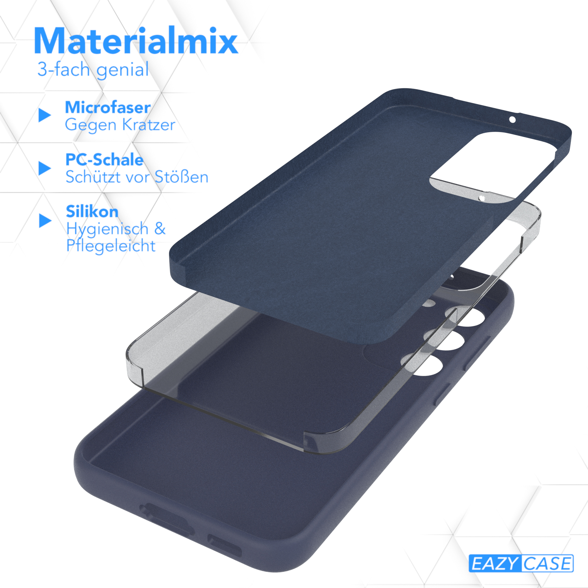 Das Bild zeigt eine Handyhülle mit drei Schichten: Mikrofaser, PC-Schale und Silikon. Text beschreibt den Materialmix und die Marke.