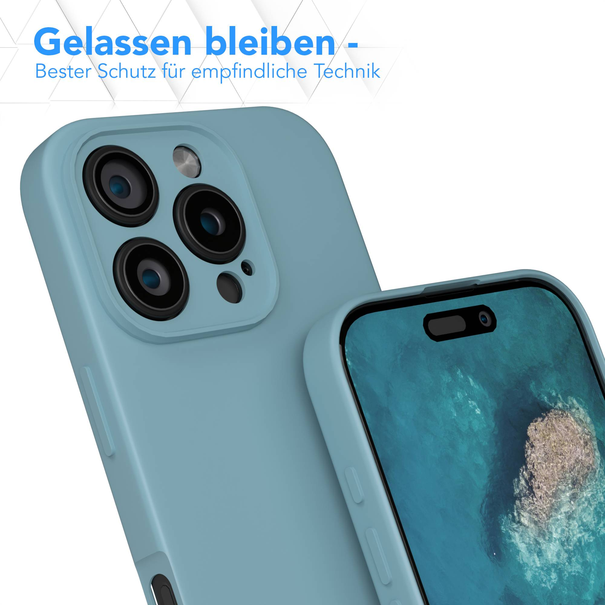 Zwei hellblaue Handyhüllen. Eine ist zum Betrachter geneigt. Die andere zeigt einen Teil eines Telefonbildschirms mit einem Wasserbild.