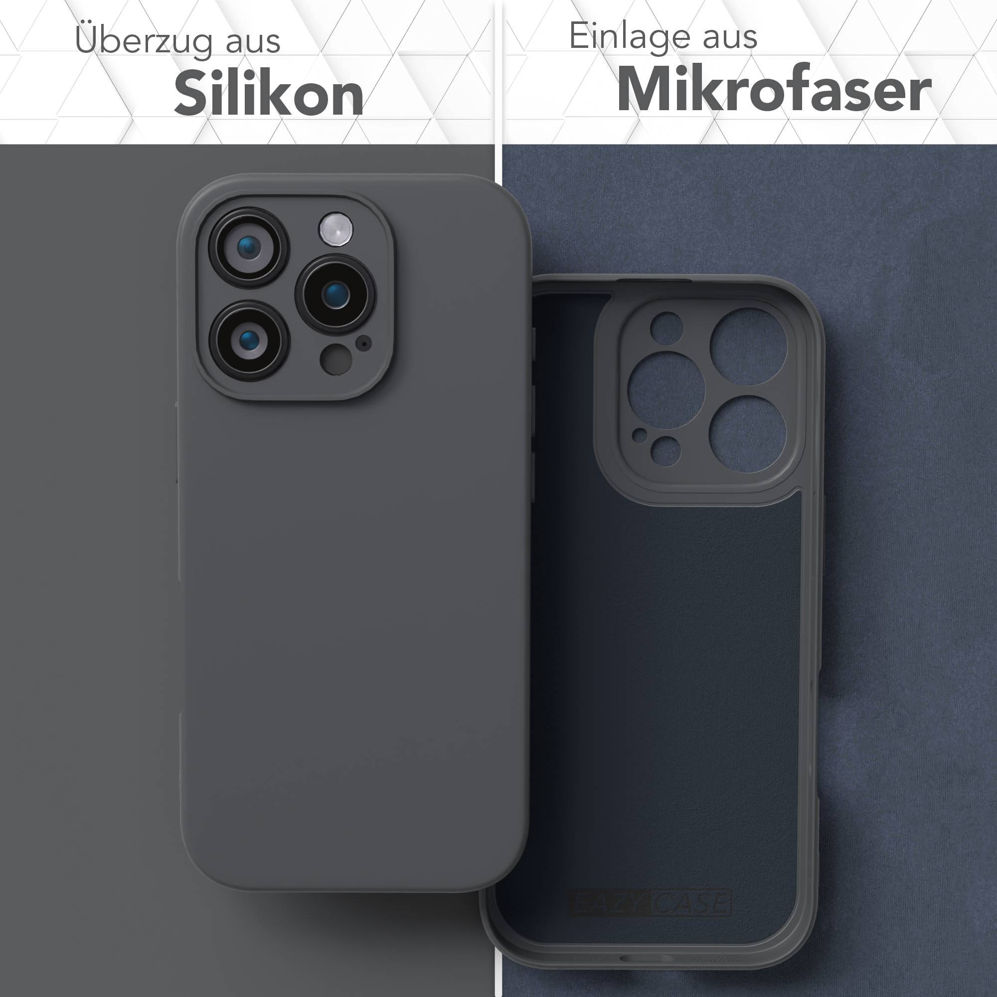 Zwei Handyhüllen, graue Silikonhülle und blaues Mikrofaser-Innenfutter. Text auf Deutsch: 'Silikon' und 'Mikrofaser'.