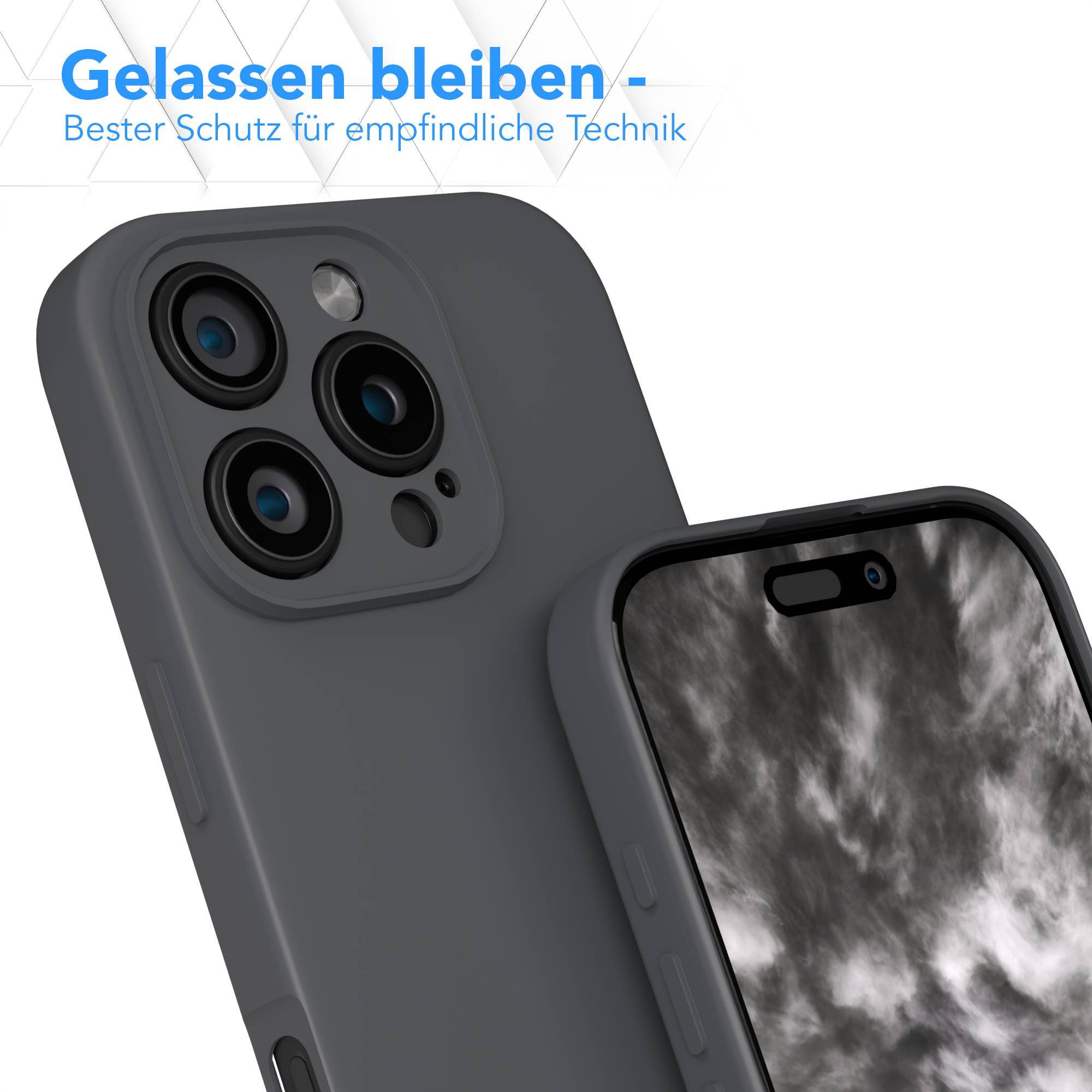 Zwei graue Handyhüllen. Eine zeigt die Kameralinsen, die andere den Bildschirm. Der Text oben lautet 'Gelassen bleiben'.