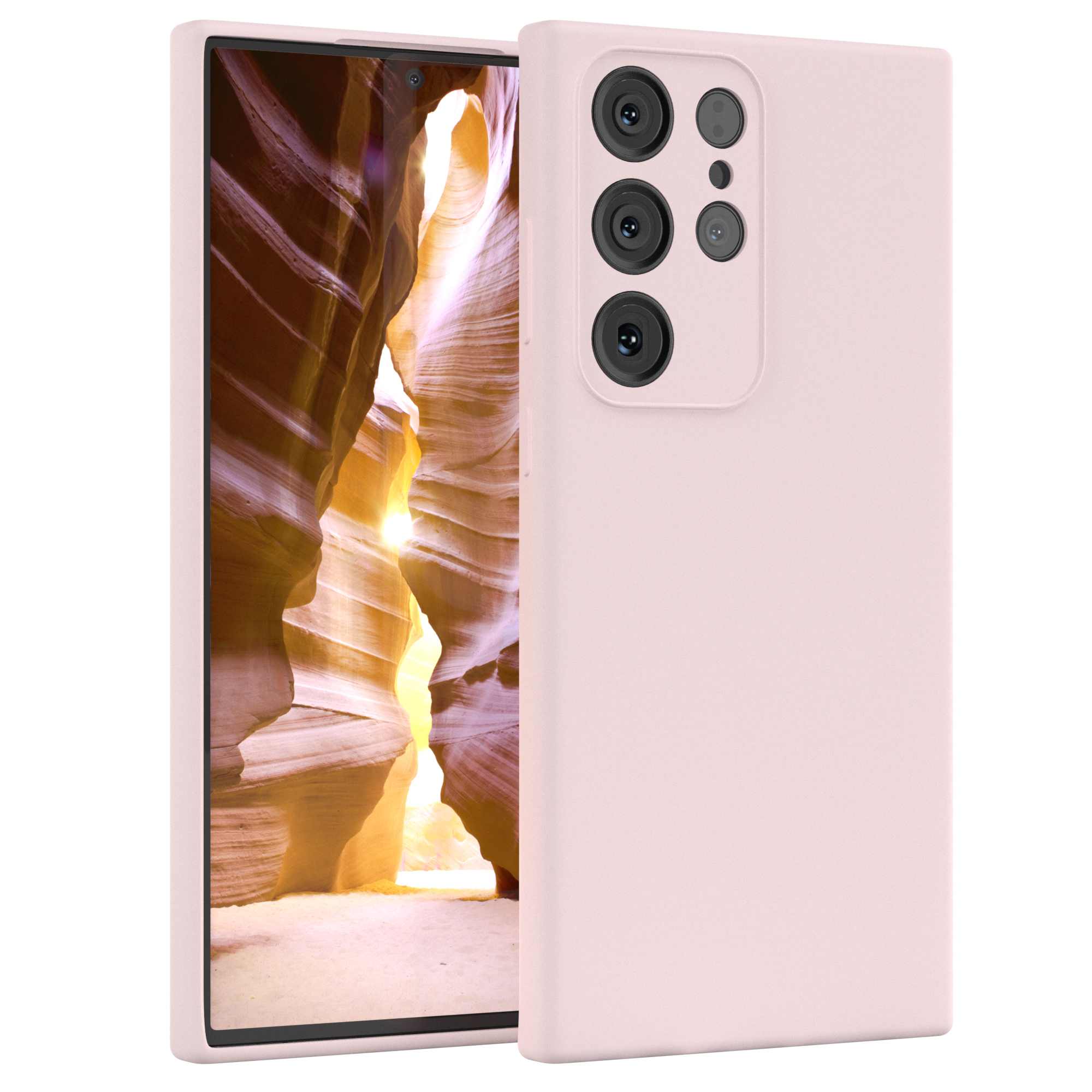Eine rosa Handyhülle mit einem Telefon darin, das eine Schlucht zeigt. Die Hülle hat eine Kameraanordnung.