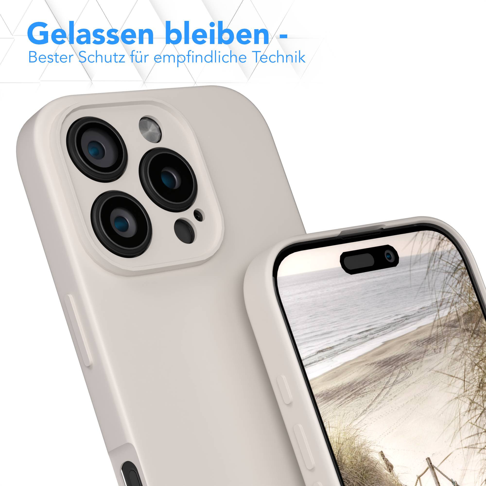 Zwei beige Handyhüllen mit Kameras und einem Bildschirm, der eine Strandszene zeigt. Text: Gelassen bleiben - Bester Schutz für empfindliche Technik.